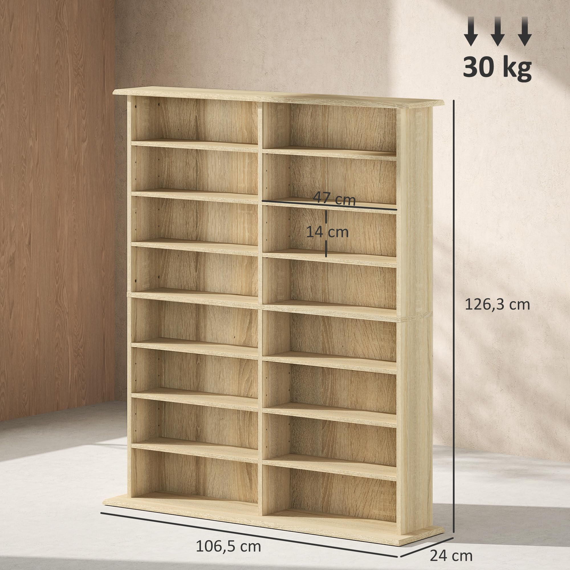 HOMCOM Contenitore per CD e DVD, contenitore multimediale con 16 scomparti e 12 ripiani regolabili, capacità massima 720 CD/396 DVD e Blu-ray, 106,5 x 24 x 123,7 cm, legno naturale