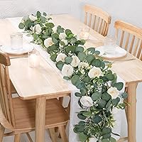 Vista 23 de TOCHGREEN 4 Pack 24Ft Artificial Eucalyptus Flower Garland with Champagne Roses, Fake Rose Flower Greenery Garland Floral Vines for Wedding Home