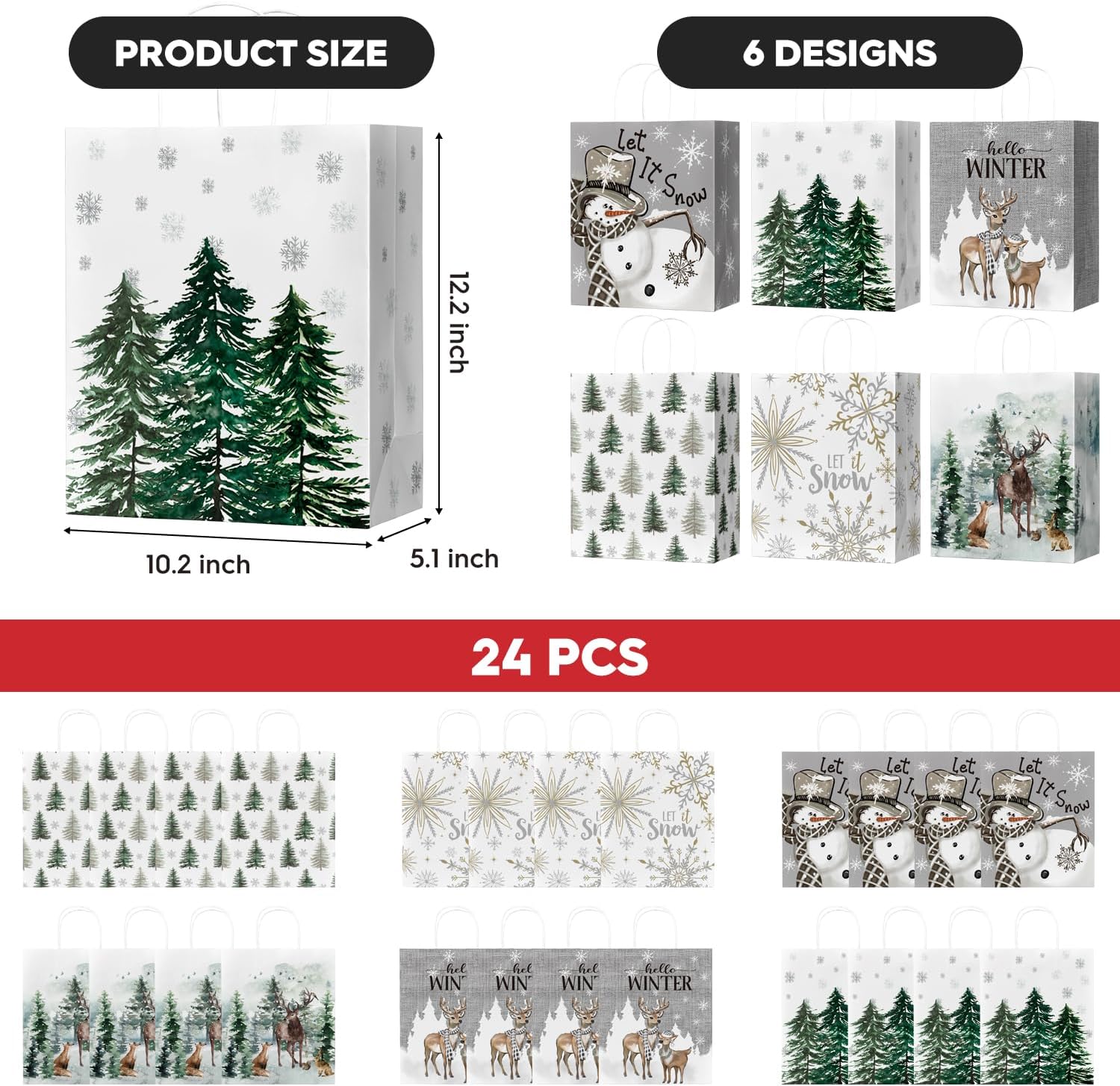 Horaldaily 24 Christmas Gift Paper Bags Bulk with handles Wrapping, Christmas Trees Snow Snowman Deer Holiday Presents(24 Large)