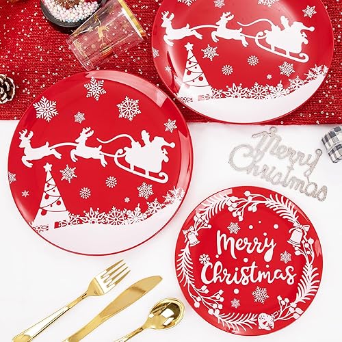 Miniatura 29 de LIYH 150 Pcs Plastic Christmas Dinnerware Set, Red Plastic Dinner Dessert Disposable Plates, Gold Silverware, Red Christmas Disposable Cups 10 OZ