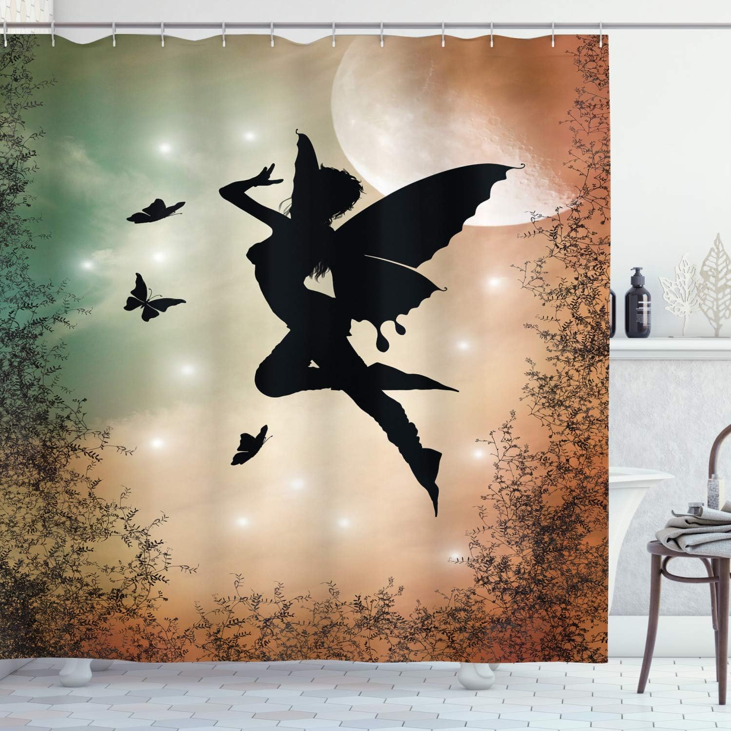Ambesonne Nature Shower Curtain, Black Angel Wings Butterflies and Sun Like Alluring Round Art Print, Cloth Fabric Bathroom Decor Set with Hooks, 69" W x 70" L, Multicolor Black