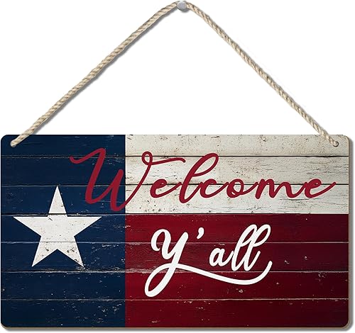 TopXmai Texas Flag Welcome Y'all Wooden Wall Decor Sign 14x8, Rustic Texas Hangi