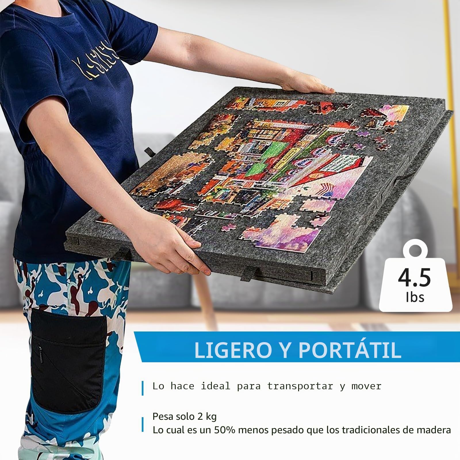 Mesa Inclinable para Puzzles con 6 Cajones y Cubierta - Tablero Ligero de Fieltro para Hasta 1000 Piezas - Con Soporte 2 en 1 y Asa de Transporte - Ideal para Adultos y Amantes de los Puzzles