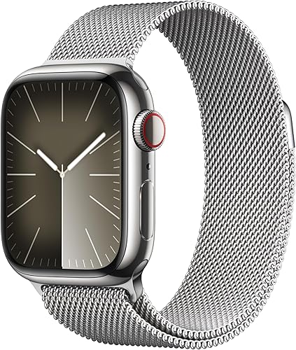 Apple Watch Series 9 [GPS + Cellular 41mm] Smartwatch con caja de acero inoxidable plateado y correa Milanese plateada. Rastreador de fitness,