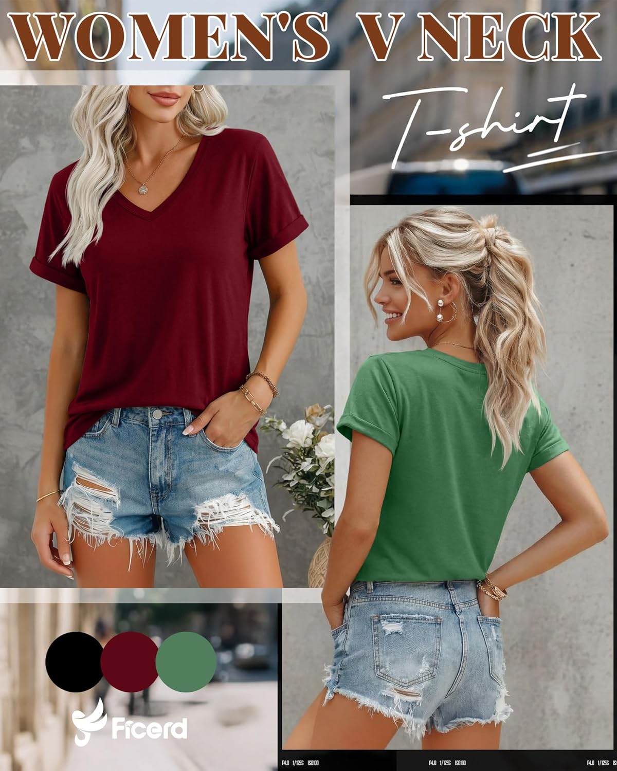 Ficerd 3 Pack Women's V Neck T Shirts, Summer Casual Short Sleeve Tops Loose Fit Rolled Sleeve Tees Trendy Shirts - Image 2