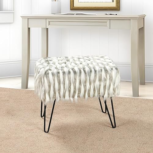 Banco otomano de piel sintética gris y blanco, 19.5 x 12.5 x 17 pulgadas de alto, cómodos taburetes de maquillaje esponjosos con patas de metal,