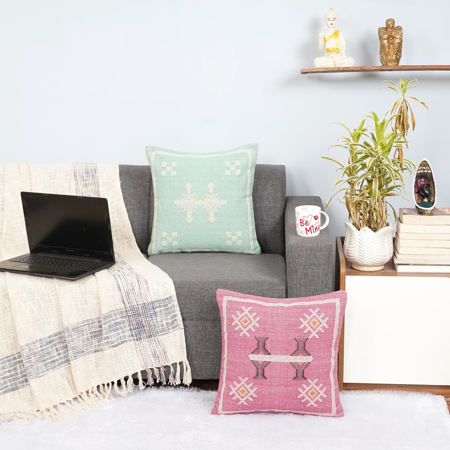 Handmade Beautiful Sabra Pillow Cover Decorative Cotton Cushion Cover for Sofa, Couch, Bed or Living Room, Boho Tribal Throw Pillow Cover 18x18 inch Set of 2 (Pattern 10)