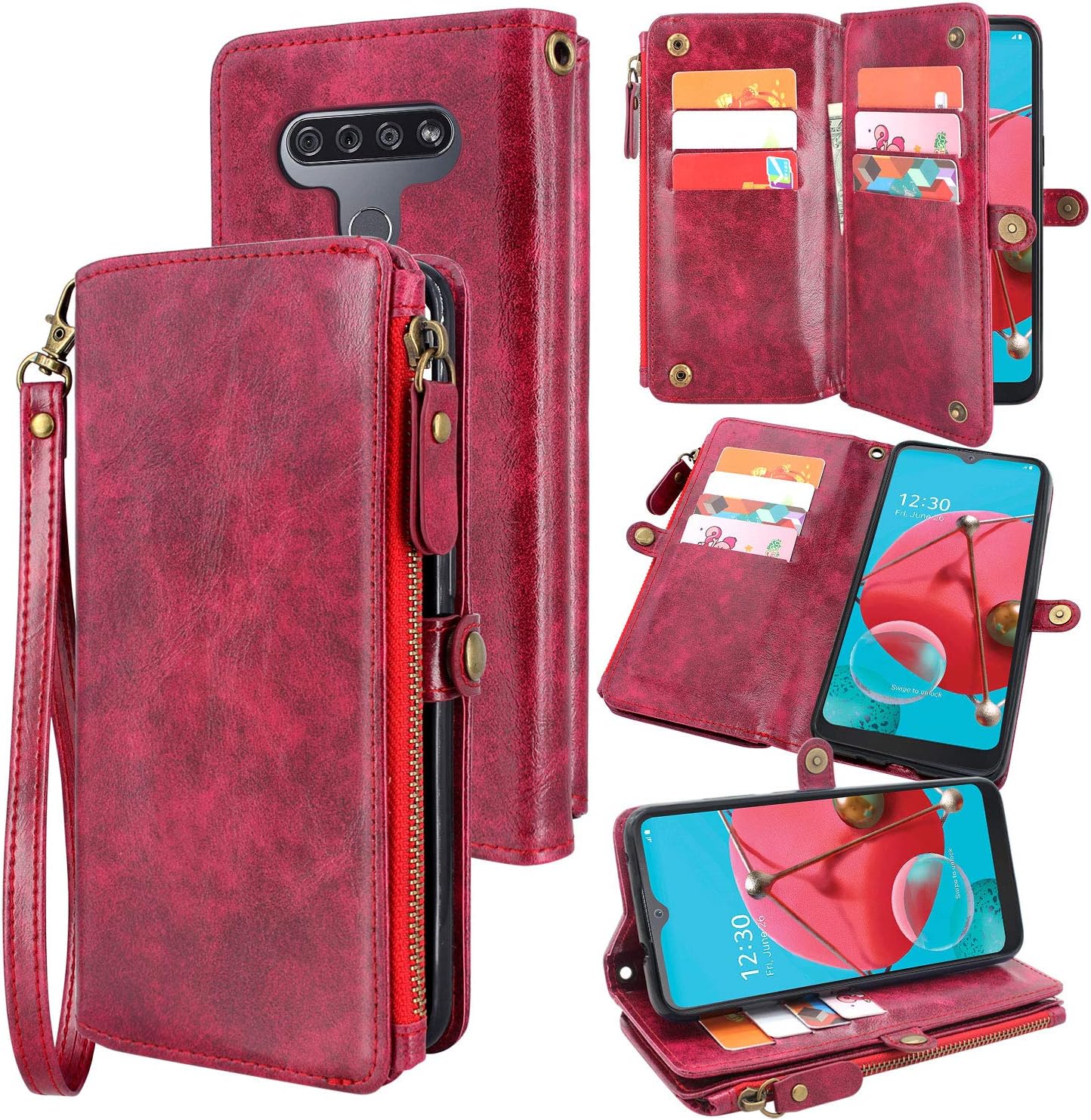 Lacass [Cards Theft Scan Protection 10 Card Slots Holder Zipper Pocket Wallet Case Flip Leather Cover with Wrist Strap Magnetic Closure Stand Carrying Pouch for LG Reflect/LG K51(Wine red)