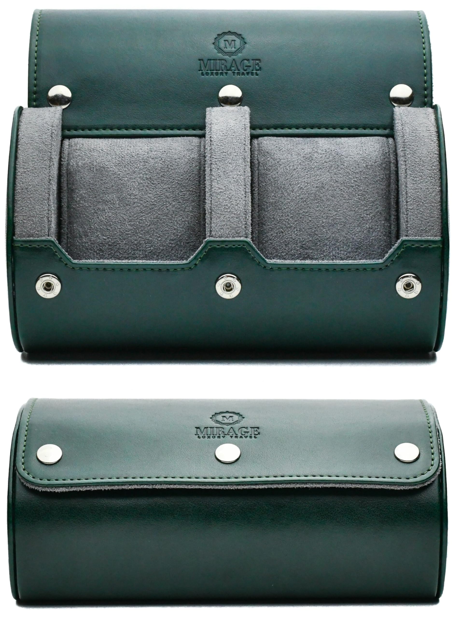 M Mirage Luxury Travel2 Watch Travel Case for Men- Watch Roll Holder and Display - Royal Green Swiss Motif Vegan Leather