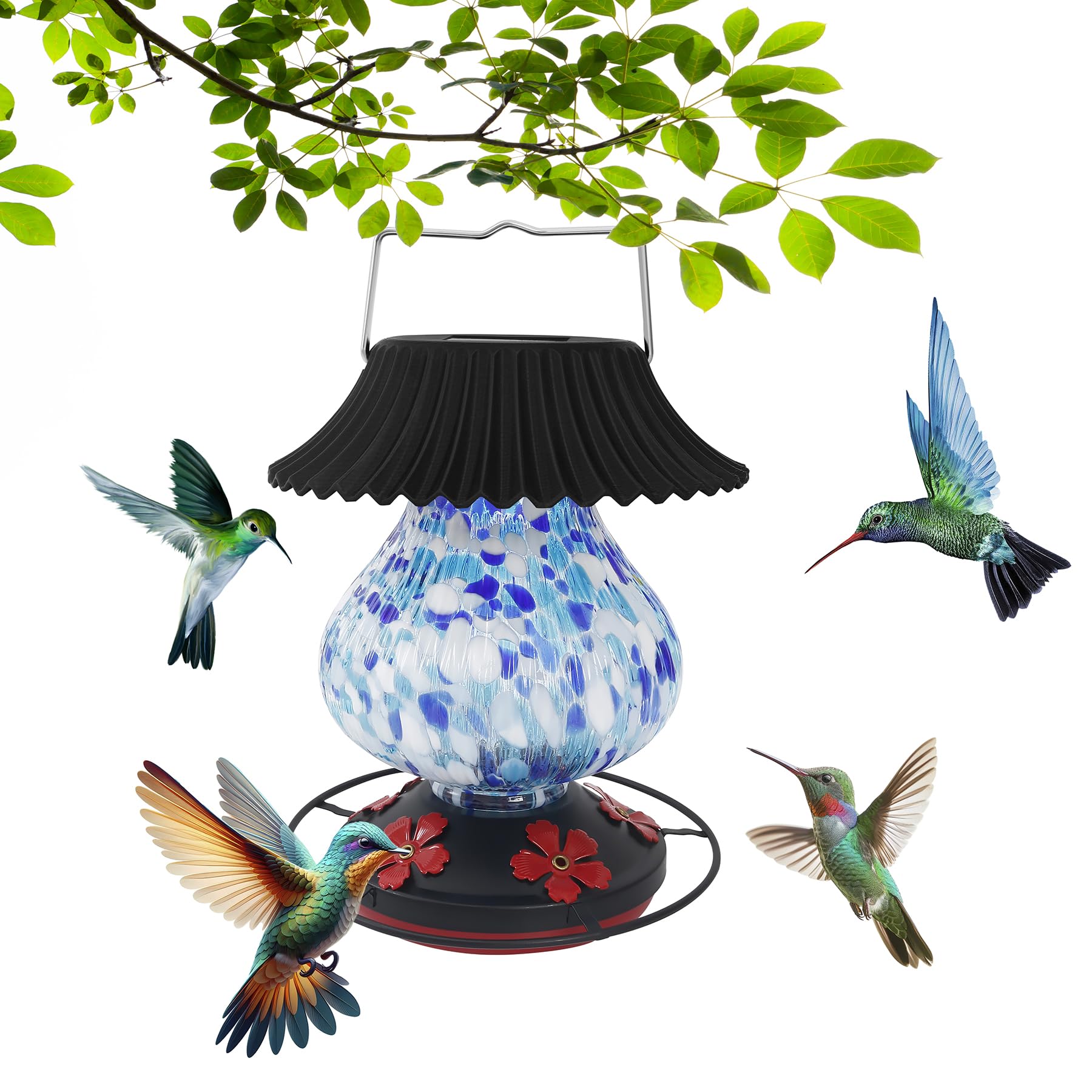 Photo 1 of Solar Hummingbird Feeder-5 Feeding Ports with Perch, Hand Blown Glass Blue White Color Changing - Never Leak, Multicolor Night Lights – Perfect Hummingbird Feeder for Outdoors for Nature Enthusiasts