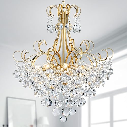 Miniatura 2 de ANJIADENGSHI Lámpara de araña de cristal, moderna lámpara colgante de cristal K9 para comedor, lámpara colgante de techo vintage, 10 luces doradas