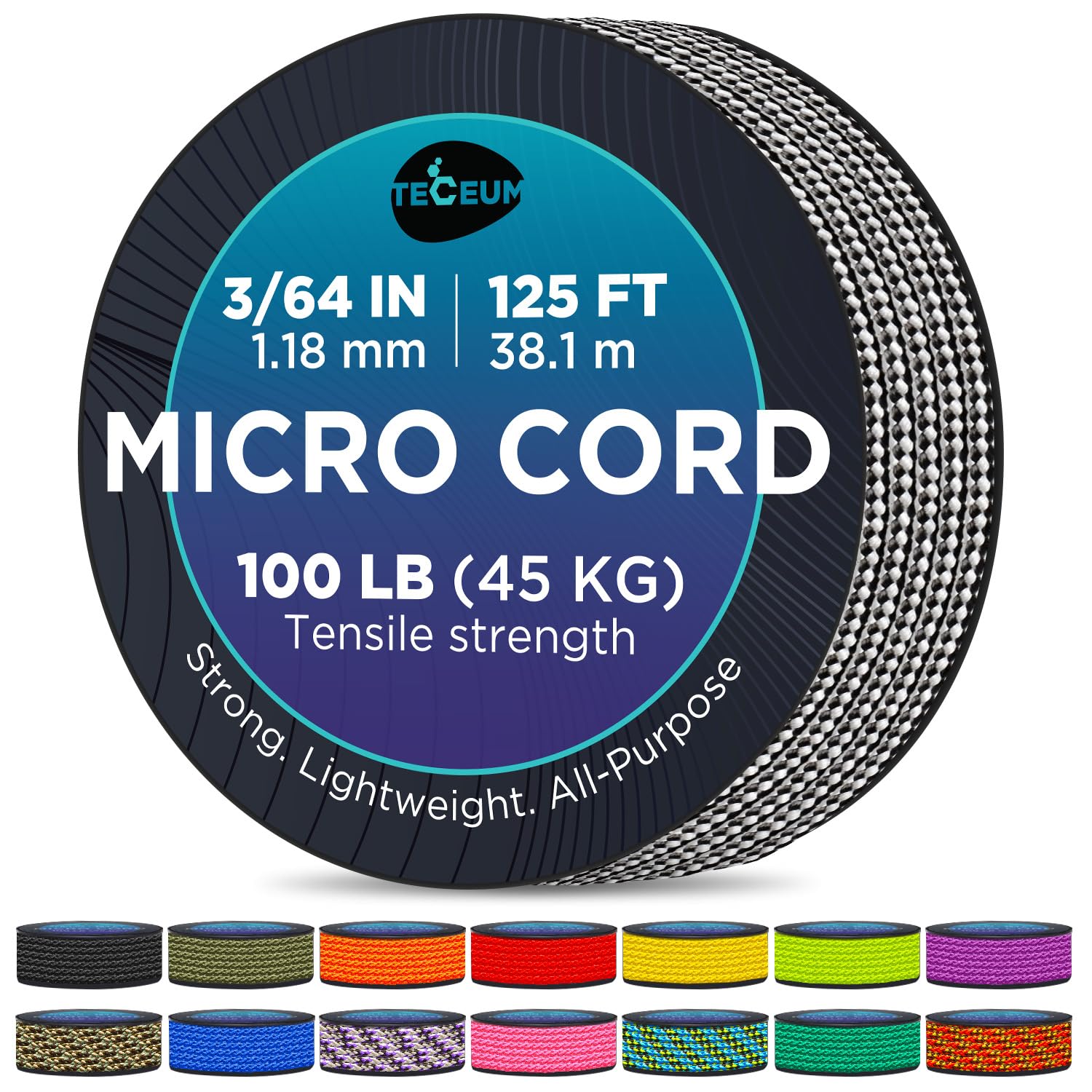 MICRO PARACORD: 1.18 mm thick. Color: Urban Camo. Length - 38.1 m. Tensile Strength: 45.35 kg (100 LB). Thin, lightweight and strong. Comes on a compact & convenient spool (77.98 mm x 77.98 mm). โ image 1
