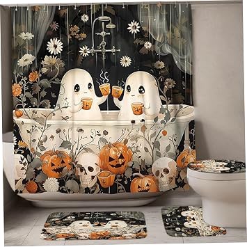 Halloween Shower Curtain Set 4 PCS Waterproof Halloween Bathroom Set with Spooky Patterns Shower Curtain, Toilet Cover, Bath Mat and U-Shape Mat