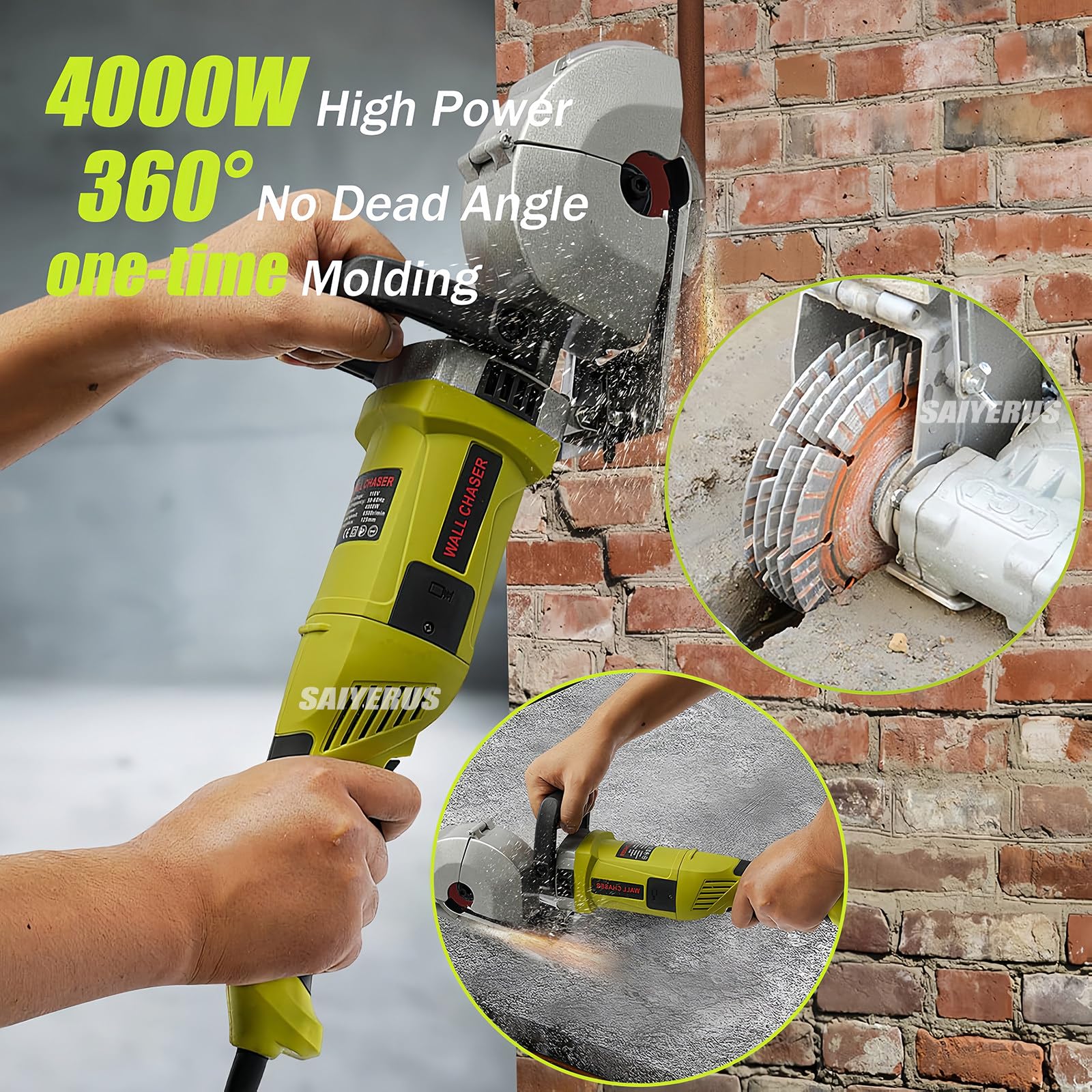 Rozadora Pared, 4000W Rozadoras Eléctrica 7500r/min, Ranuradora Cortadora 37mm Profundidad de Ranurado, Ranuras de Pared 5 Hojas de Sierra 125mm Diámetro con Ventana de Refrigeración,Green