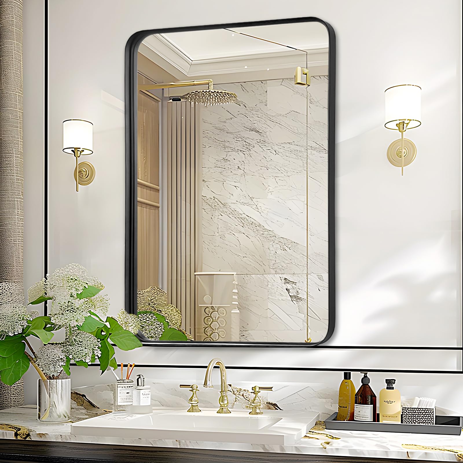 Fabuday Bathroom Mirror Wall Mounted - 24x32 Inch Black Framed Rectangle Mirror Over Sink, Metal Frame Bathroom Vanity Mirror