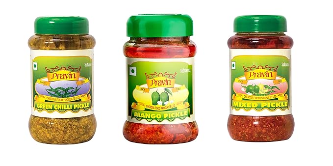 Pravin Pickle Combo of 3 Jar (Mango Pickle 500g, Mix Pickle 500g, Green Chilli 500g)
