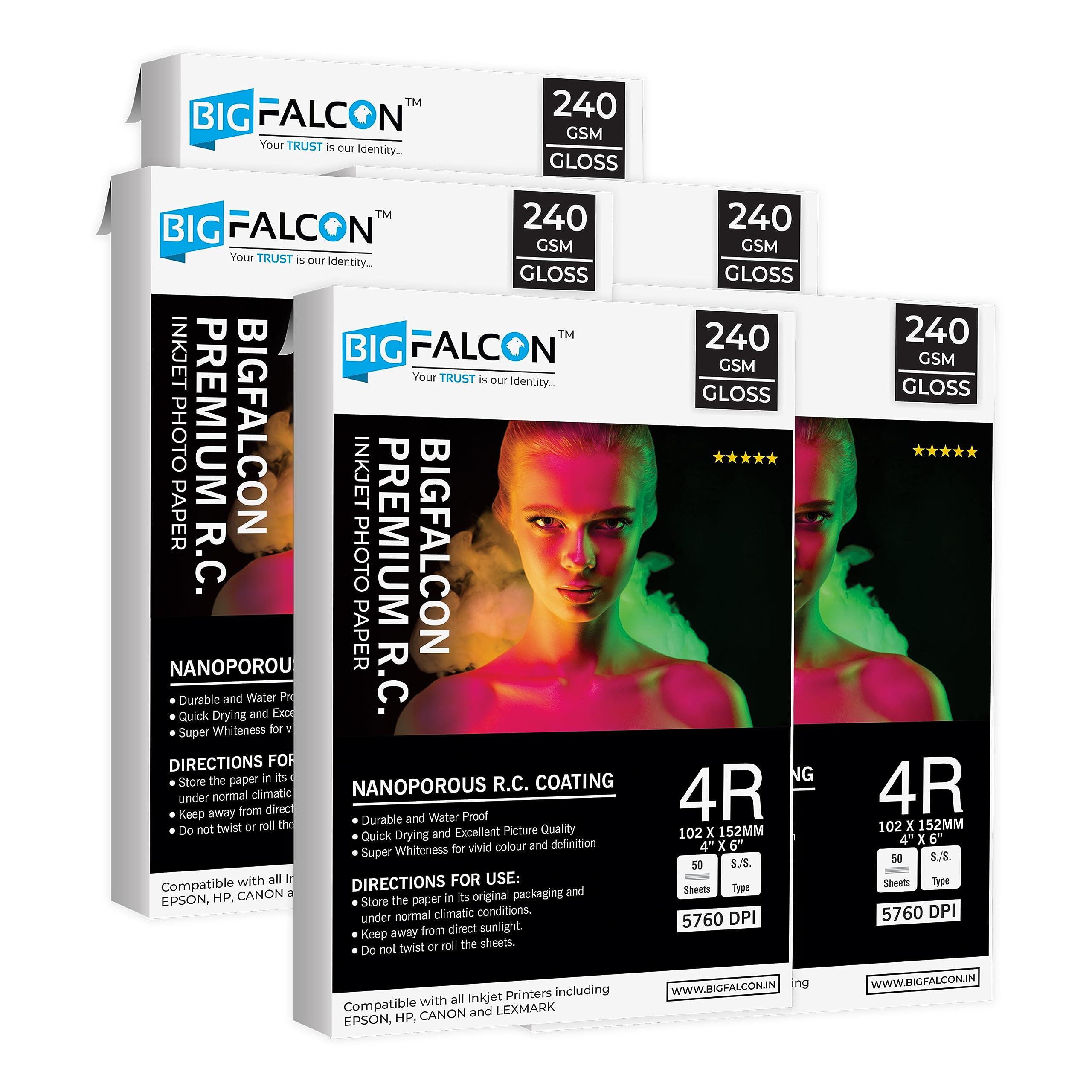 BIGFALCON Premium 240 GSM 4R Size (4X6 inch) Ultra Glossy RC Resin Coated Waterproof Inkjet Photo Paper 250 Sheets for all Inkjet Printer
