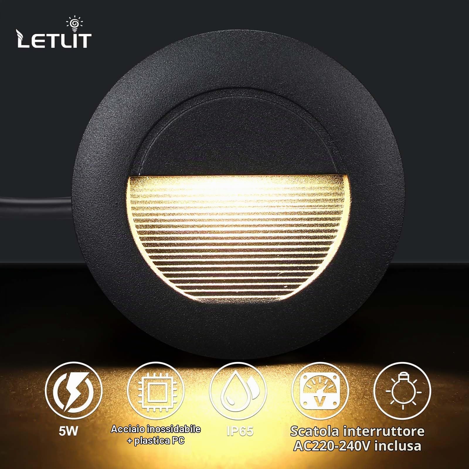 Illuminazione per scale 5W 500lm 6-Pack, Apparecchi LED 230V 3000K, 85x85mm, Luce da Incasso a Parete IP65, Luci per Scale a Parete, Zoccoli da Incasso 68mm, Alluminio Nero