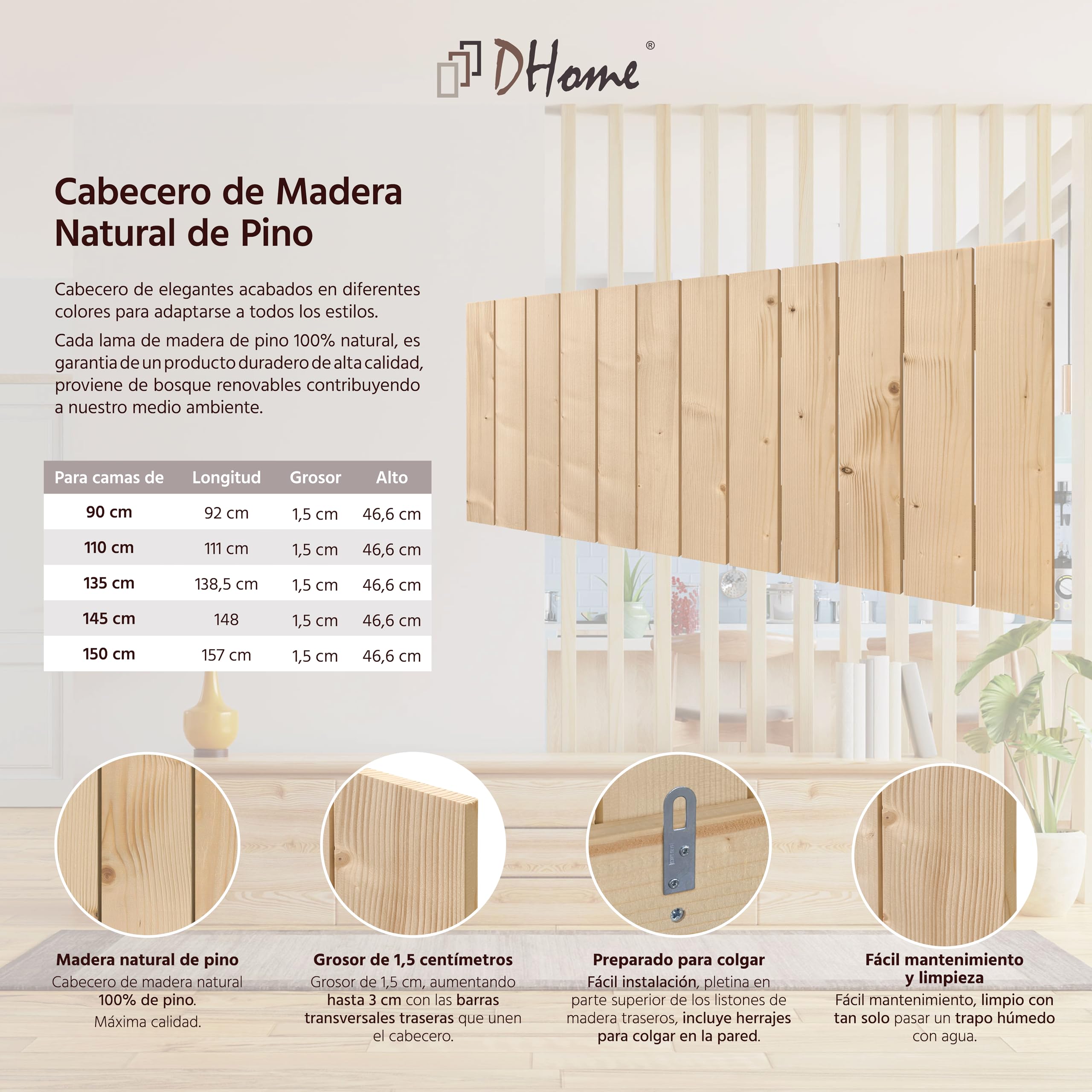 DHOME Cabecero de Madera Natural de Pino Estilo Palet Vertical Cama Palets Herrajes incluidos (90x46cm)