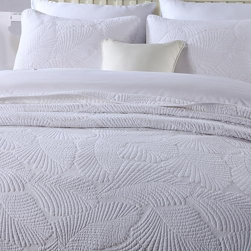 Miniatura 2 de mixinni Juego de edredón de hoja de palma blanca, juego de edredón de algodón tamaño King