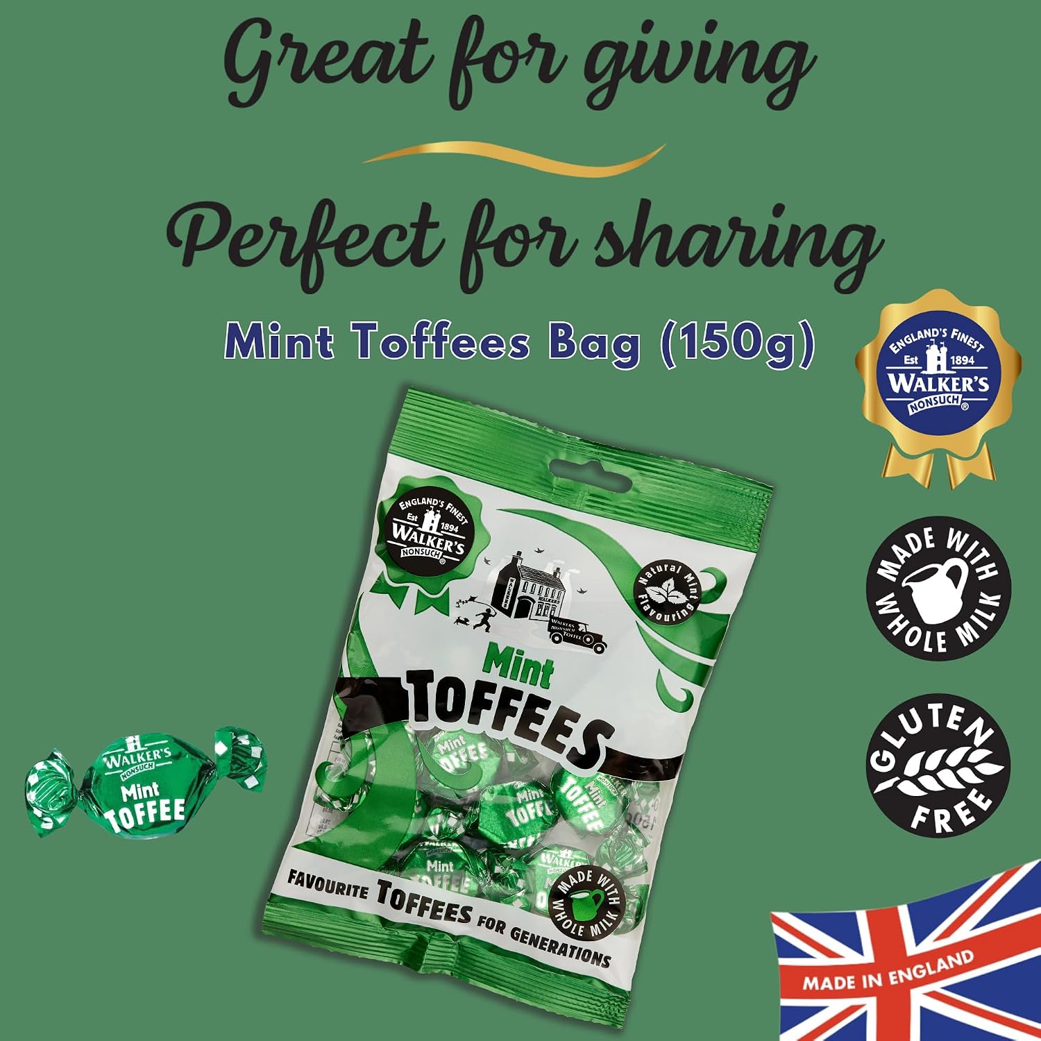 Walkers Nonsuch British Mint Toffee Candy 5.29 Oz (Pack of 6) - Mint Flavor, Whole Milk Toffee, Individually Wrapped Chewy Candy Pack, Classic English Sweets, Imported UK