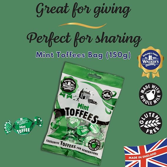 Walkers Nonsuch British Mint Toffee Candy 5.29 Oz (150g) - Natural Mint Flavor, Whole Milk Toffee, Individually Wrapped Chewy Candy Pack, Classic English Sweets, Imported UK