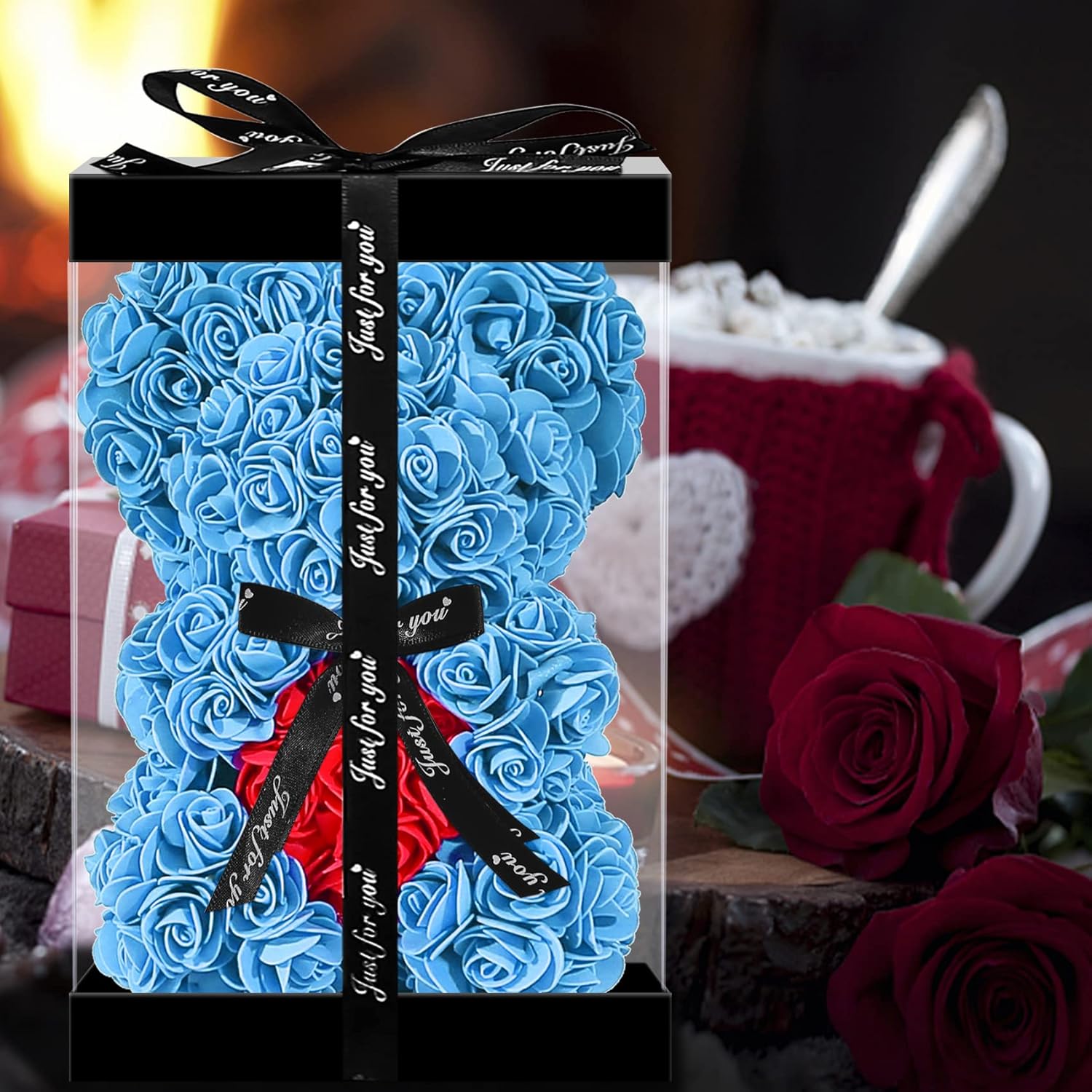 Double Couple Gift for Mom Women-Rose Cute Bear - Rose Adorable Teddy Artificial Bear - Best Gift for Valentines Day, Mothers Day, Anniversary - Clear Gift Box Included!10 Inches Tall - Image 7