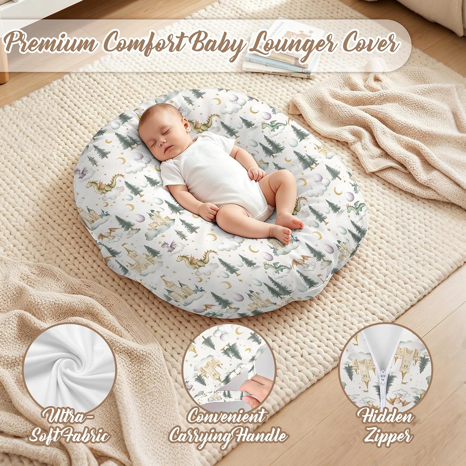 Cartoon Dragons Pattern Baby Lounger Cover for Baby Girls Boys,Castle Theme Double-Sided Removable Lounger Covers for Infant,Stretchy Ultra-Soft Lounger Slipcover for Newborn,Cover Only 24" x 26" image 5