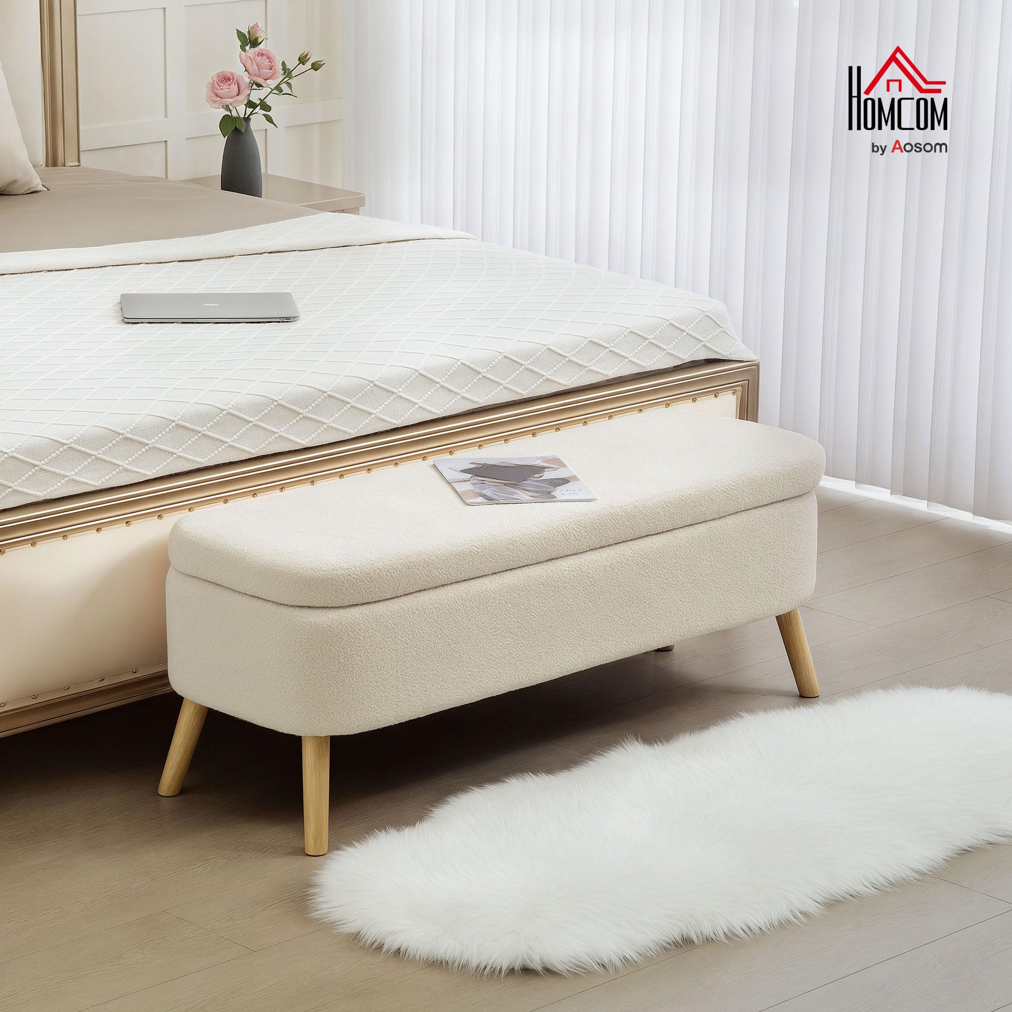 HOMCOM Sitzbank mit Stauraum Polsterbank Holzbeine 120x42x45 cm Beige | Teddy-Fleece-Optik, Truhenbank Sitztruhe, Bettbank, Wohnzimmer, Schlafzimmer, Flur