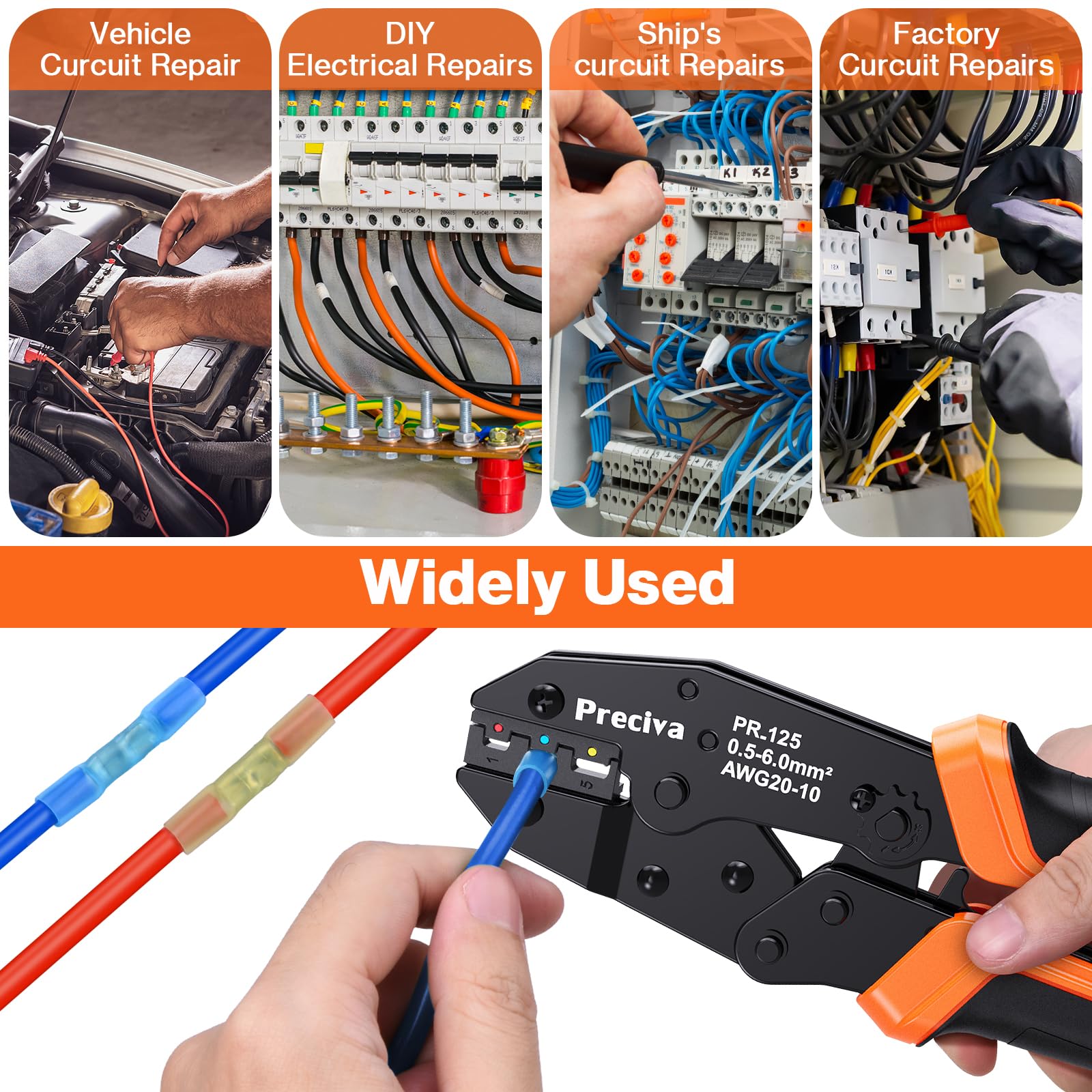 Preciva Outil à sertir pour connecteurs thermorétractables, avec 200 connecteurs thermorétractables 22-10 AWG, sertisseur à cliquet pour réparations électriques, automobiles, maritimes et de câblage