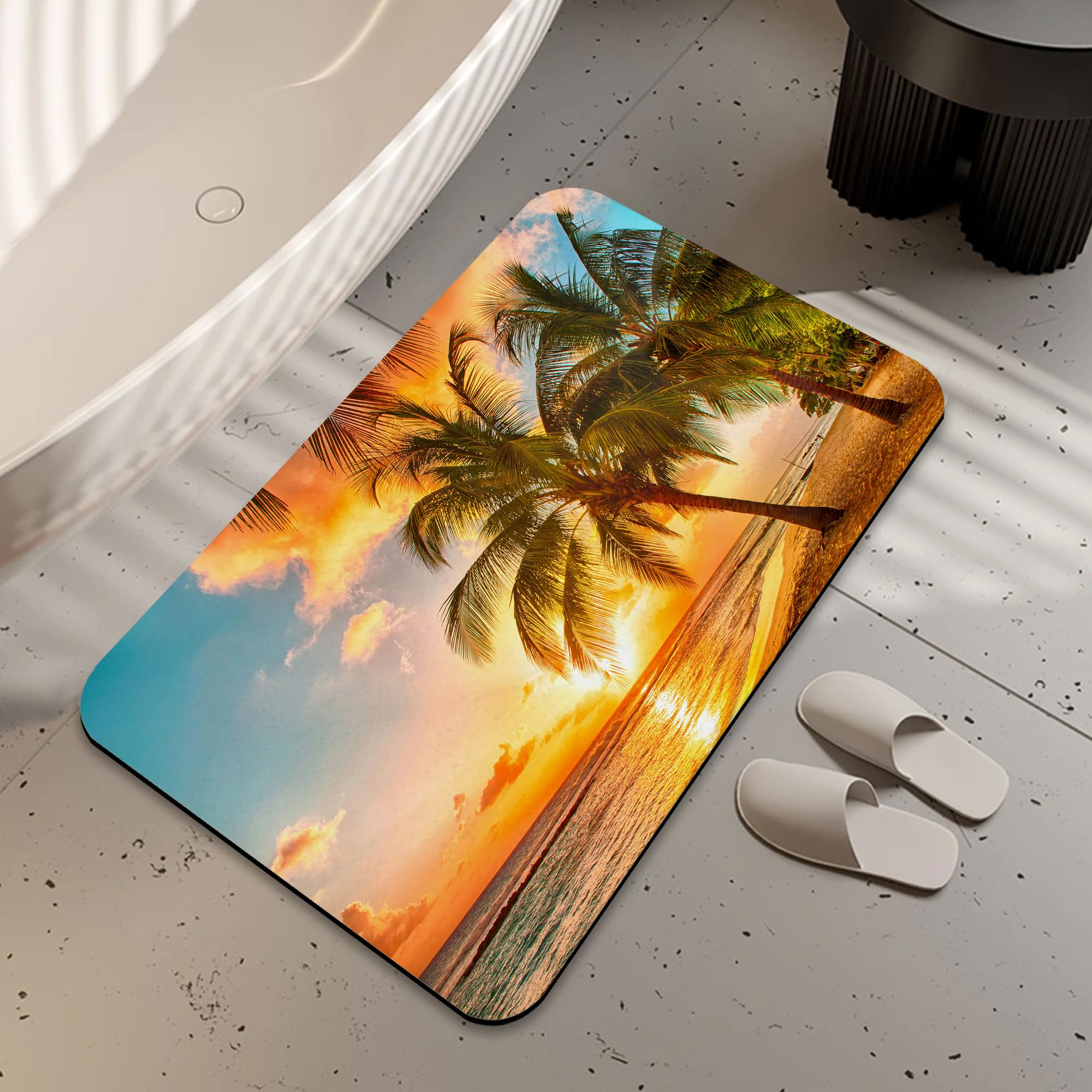 LUOENY Non-Slip Bath Mat 75x43 cm, Absorbent Quick Drying Thin Bathroom Mat for Bathtub Side Floor, Easy to Clean, Tropical Palms on Beach