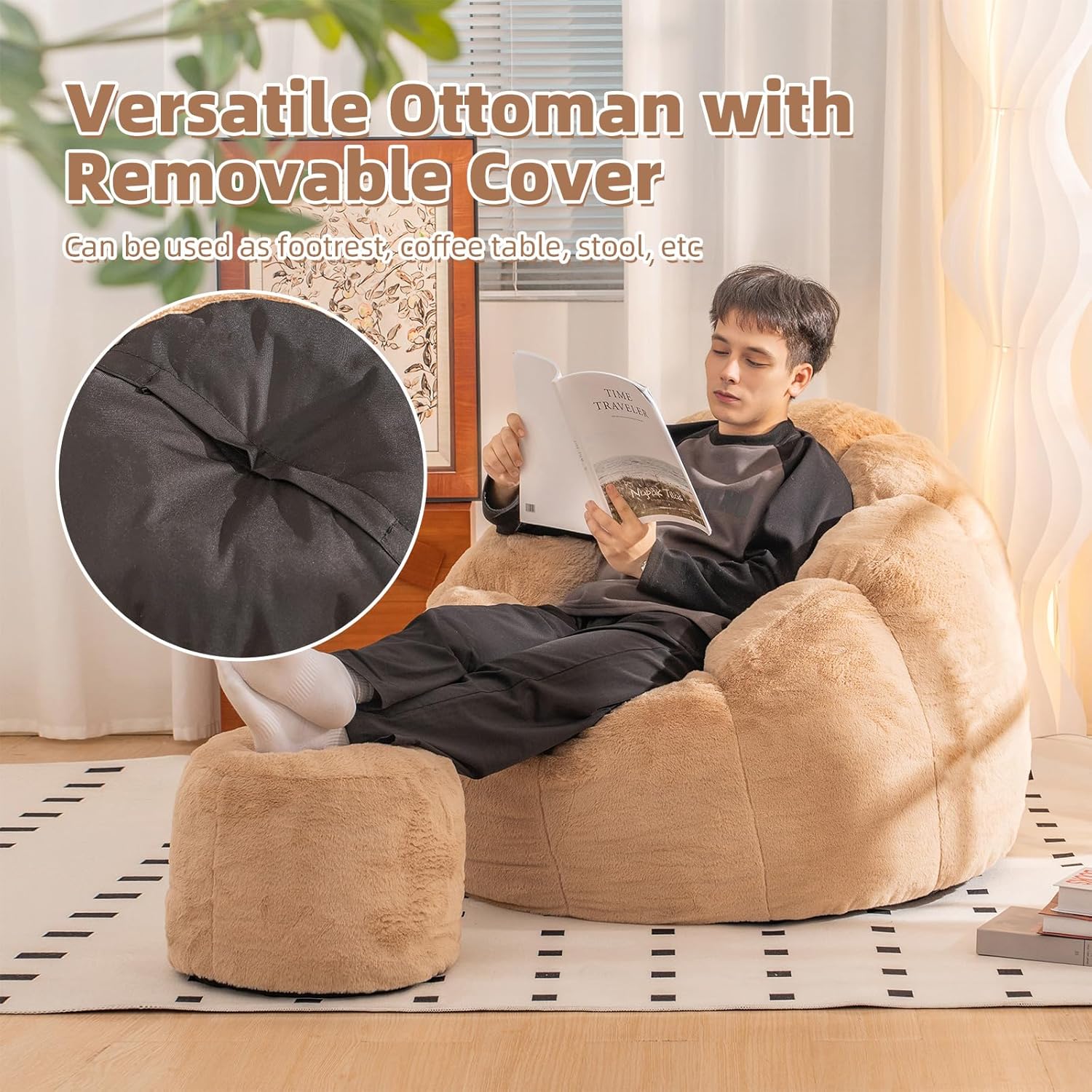 Bean Bag Chair, Bean Bag Chair with Ottoman, Stuffed Bean Bag Chairs with Filler, Big Beanbag Chairs with Filling for Living Room (Faux Fur in Khaki, 40.6" D×41.4" W×27.6" H) - Image 8