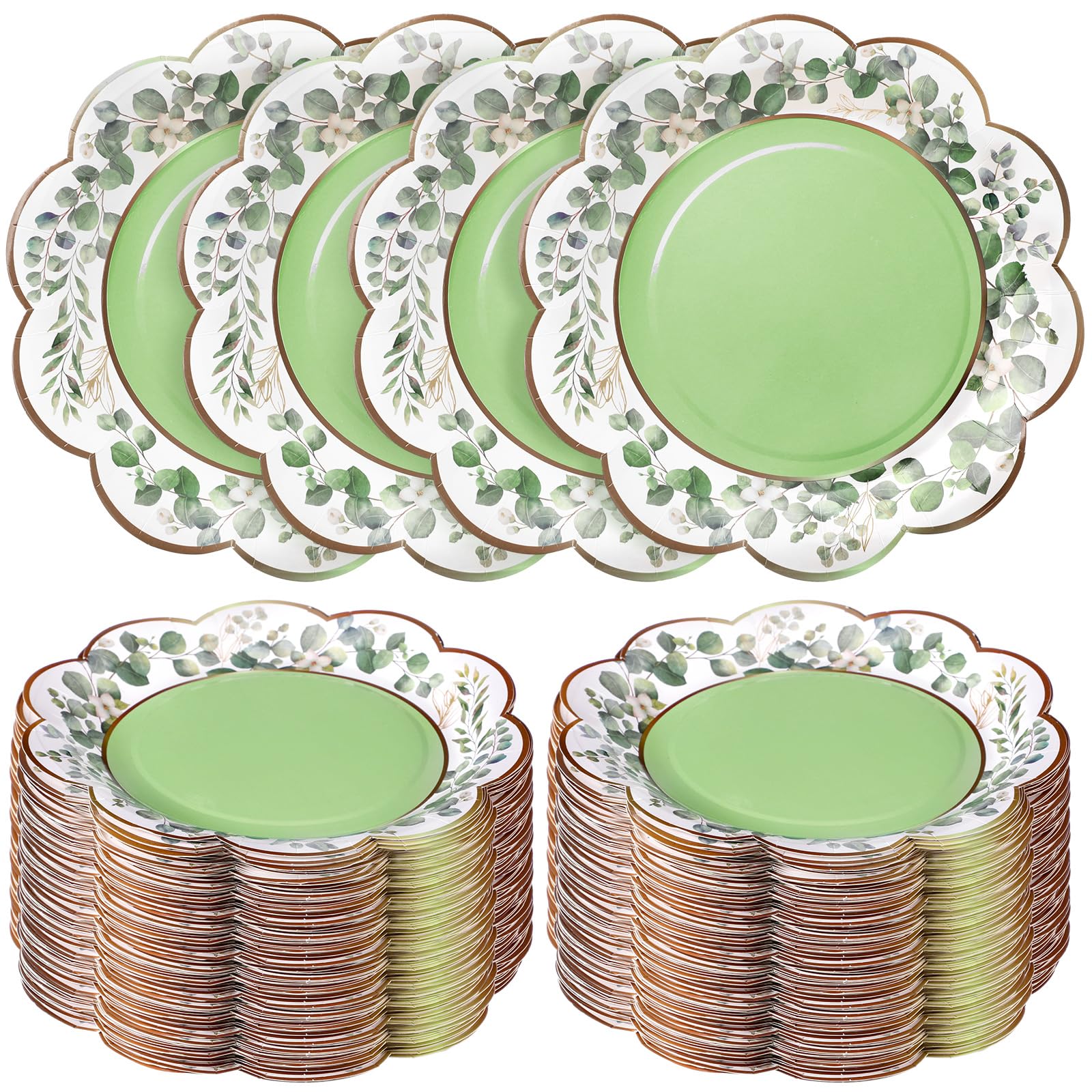 Suttmin 100 Pcs Sage Green Plates Eucalyptus Party Supplies Disposable Sage Green Paper Plates 9 inch Greenery Eucalyptus Leaves Dinnerware Decoration