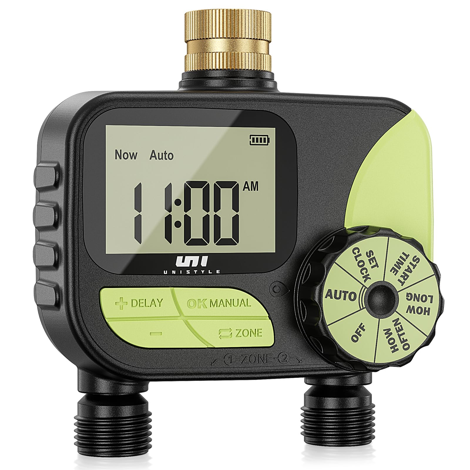 Unistyle Sprinkler Timer with Brass Swivel, Programmable Water Timer for Garden Hose, Hose Timer with Rain Delay/Auto/Manual Mode, Watering Irrigation Timer for Outdoor, IP54 (2 Outlet)
