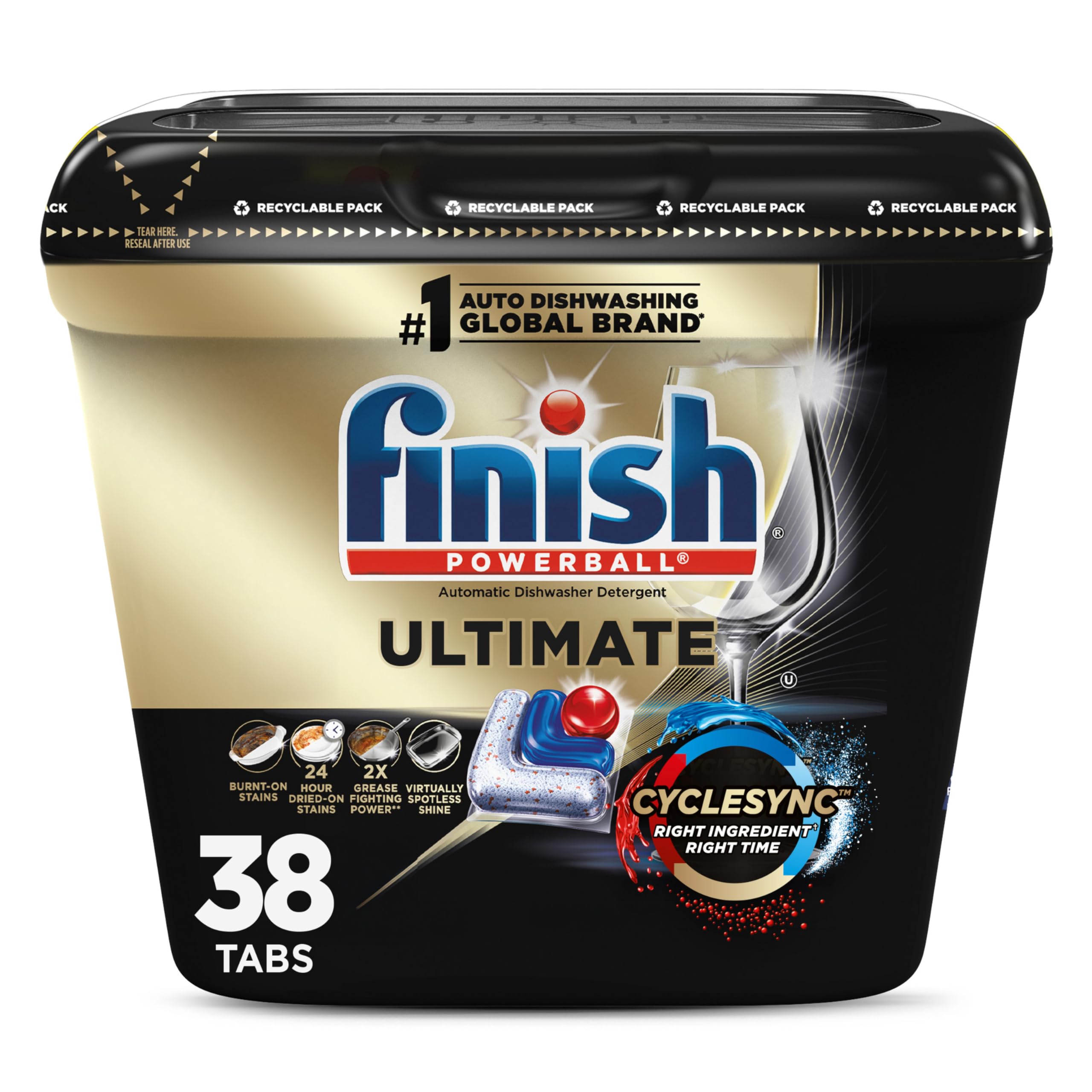 Ultimate Dishwasher Pods, No Pre-Rinse Dishwasher Detergent Soap Removes Burnt-On Stain, with CycleSync Technology, Degreasing & Scrubbing Power, 38 Count