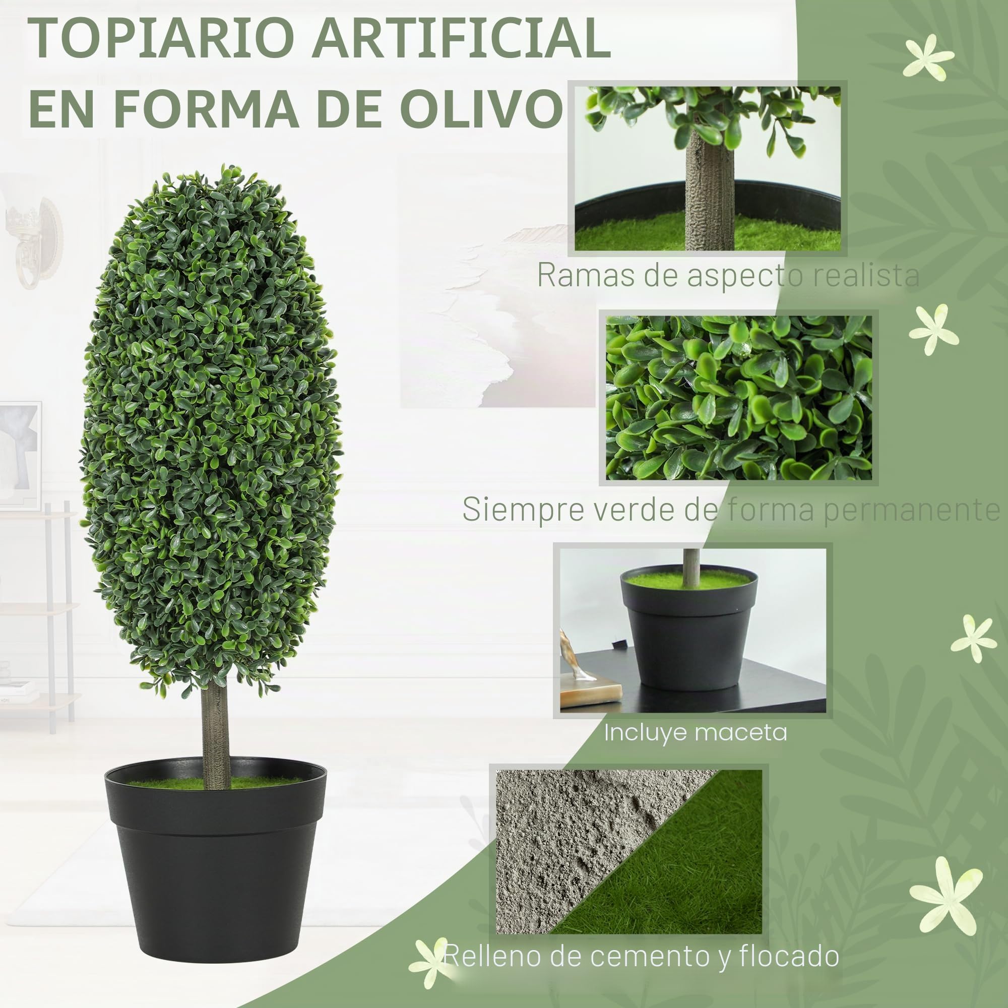 HOMCOM Juego de 2 Plantas Artificiales de boj Artificial de 60 cm en Forma de Oliva, Plantas Artificiales en Maceta, Resistentes a los Rayos UV, árbol Artificial Artificial como Real, decoración para