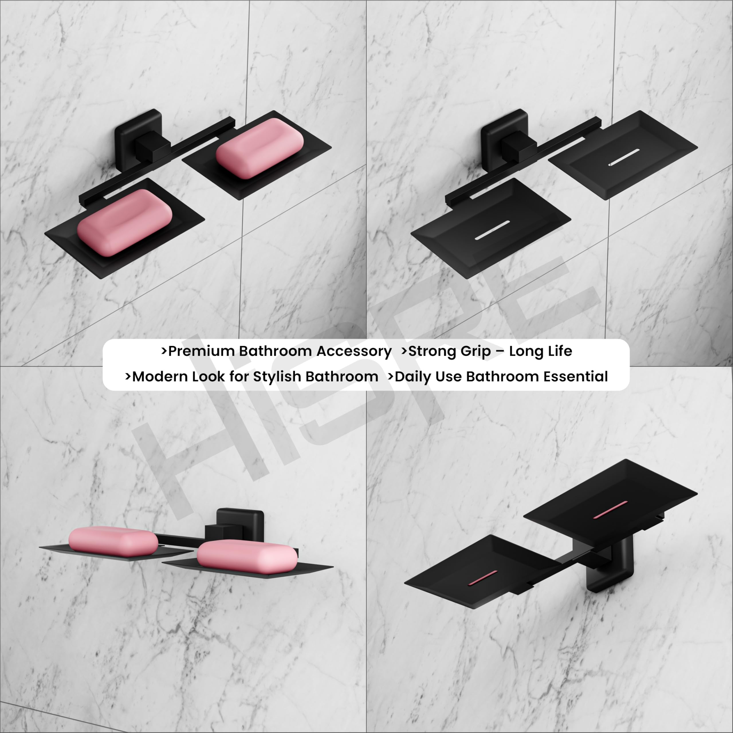 HISRE Double Soap Holder Wall Mounted | Matte Black Square Design Dual Soap Dish, Modern Bathroom Soap Tray for Shower, Sink & Wash Basin, photo 5 of 5