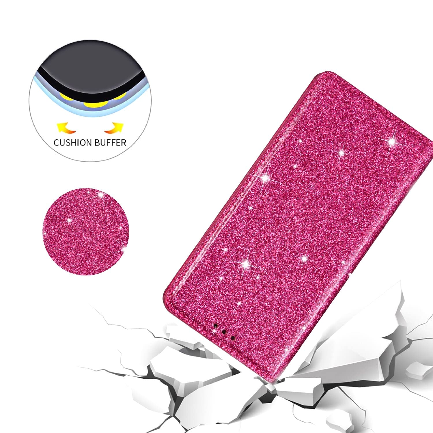 Google Pixel 8 Pro Hülle – Flip Case Mit 3D Glitzer, Leder-Optik, Kartenfach & Standfunktion (Roségold)