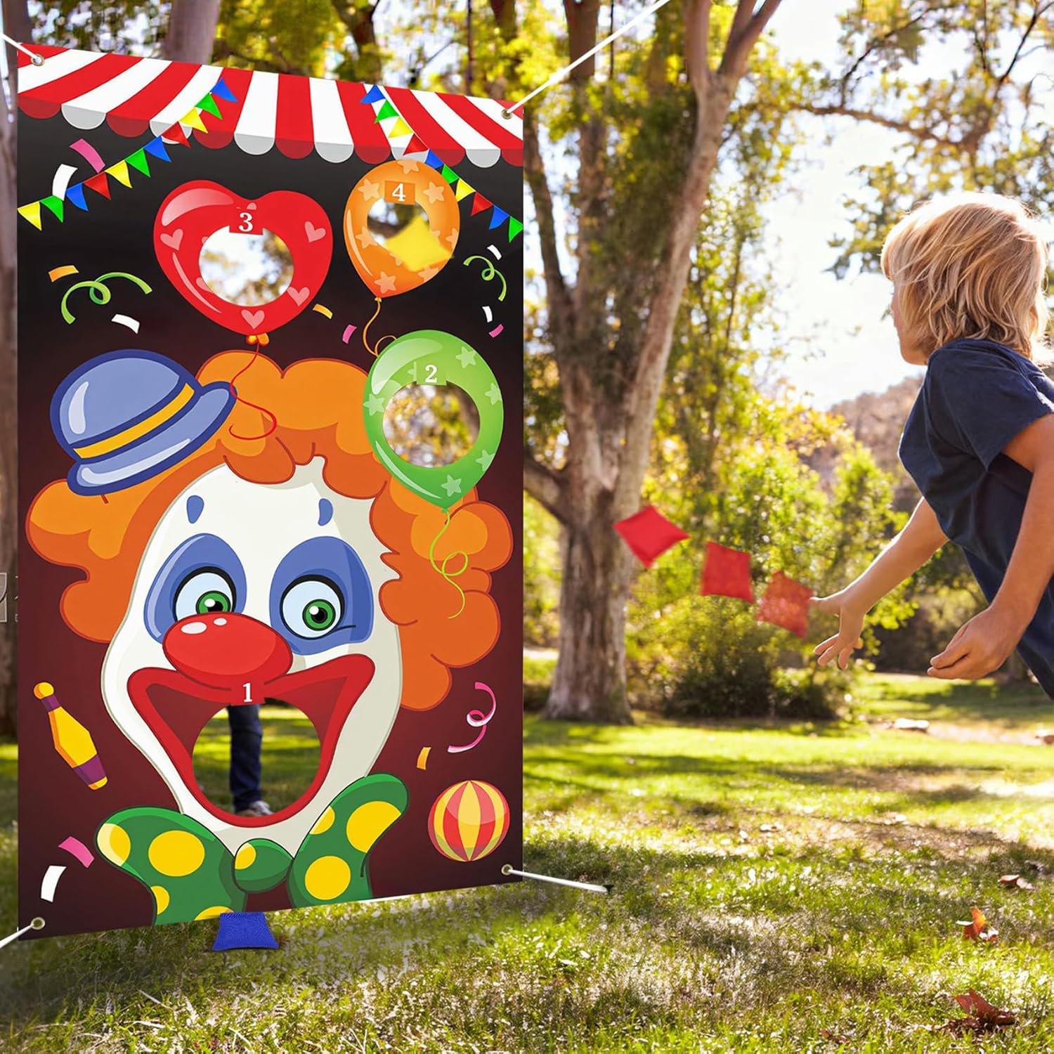 Carnival Toss Game Banner with 3 Bean Bags, Bean Bag Toss Game for Kids Adults Outdoor Carnival Party Games Supply, Circus Theme Birthday Party Decorations