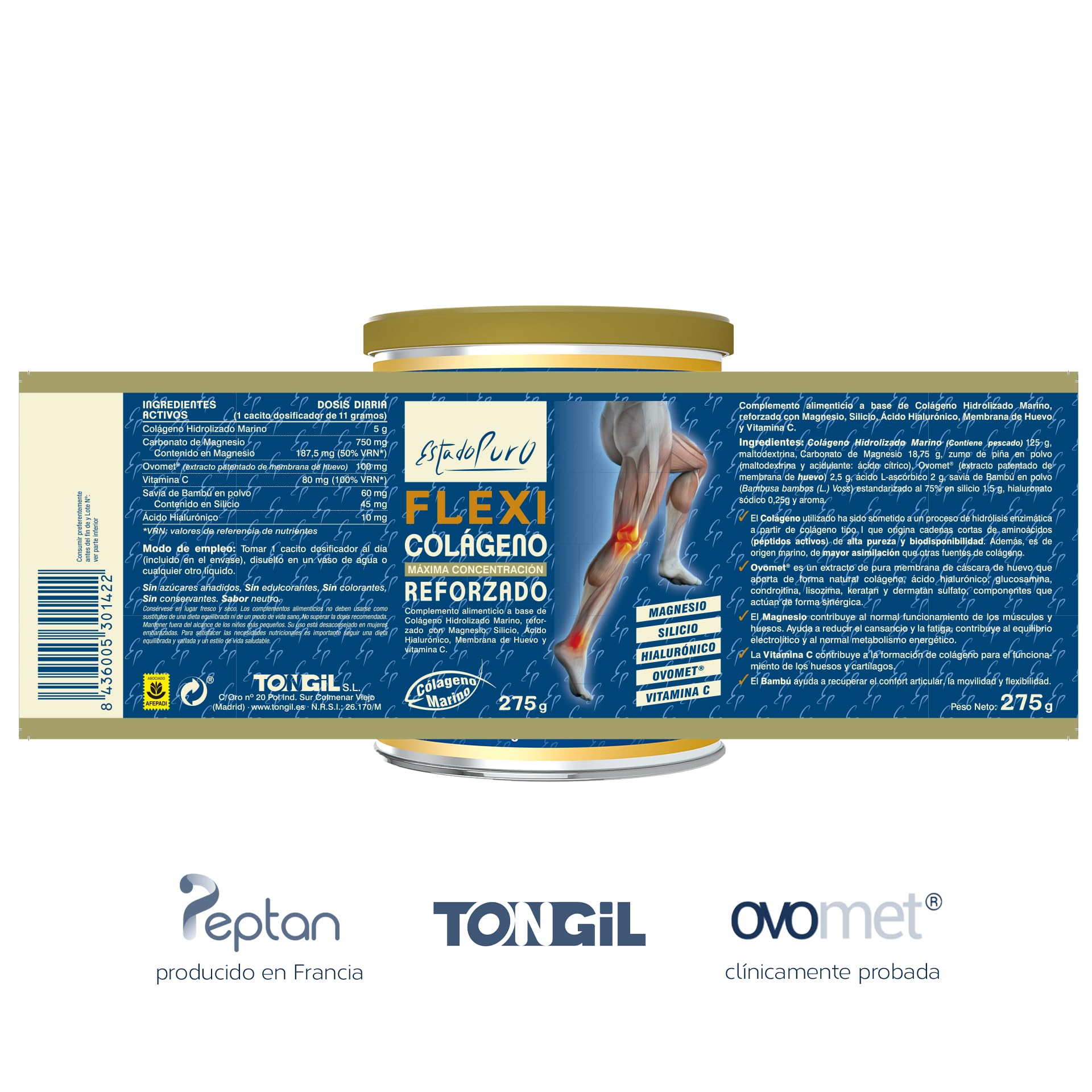 Colageno Hidrolizado Marino Con Acido Hialuronico Y Vitamina C | 5g Péptidos de Colágeno Peptan® por Dosis – Hasta 5x Más que Cápsulas - Con Magnesio | Formato Polvo 275g, 25 Dosis | Flexi TONGIL