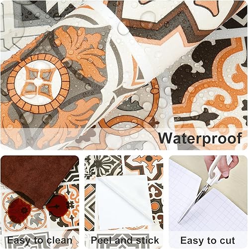 Miniatura 5 de Papel tapiz bohemio para cocina, impermeable, para despegar y pegar, papel de pared color naranja, autoadhesivo, azulejos geométricos, extraíble,