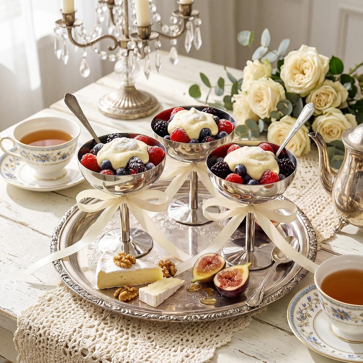 SiliFine 6 Pcs Stainless Steel Ice Cream Cups Silver Dessert Bowl with Bow Decorative Bulk 5.07 oz Small Metal Footed Cup for Pudding Salad Fruit Sundae Snack Summer Birthday Party Supply (Natural)