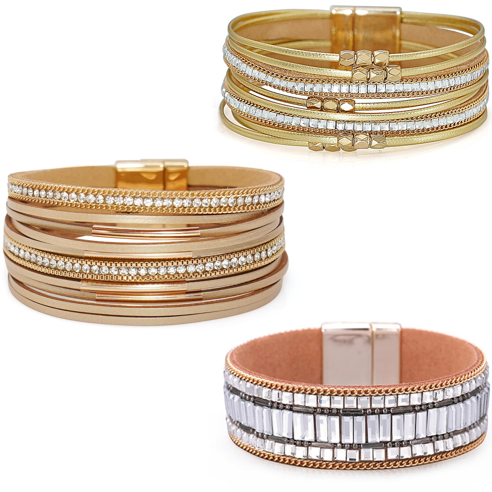 Wowanoo Leather Cuff Bracelet Set 3Pack Multilayer Wrap Bracelet Set Magnetic Clasp Bracelet Braided Wristbands for Women