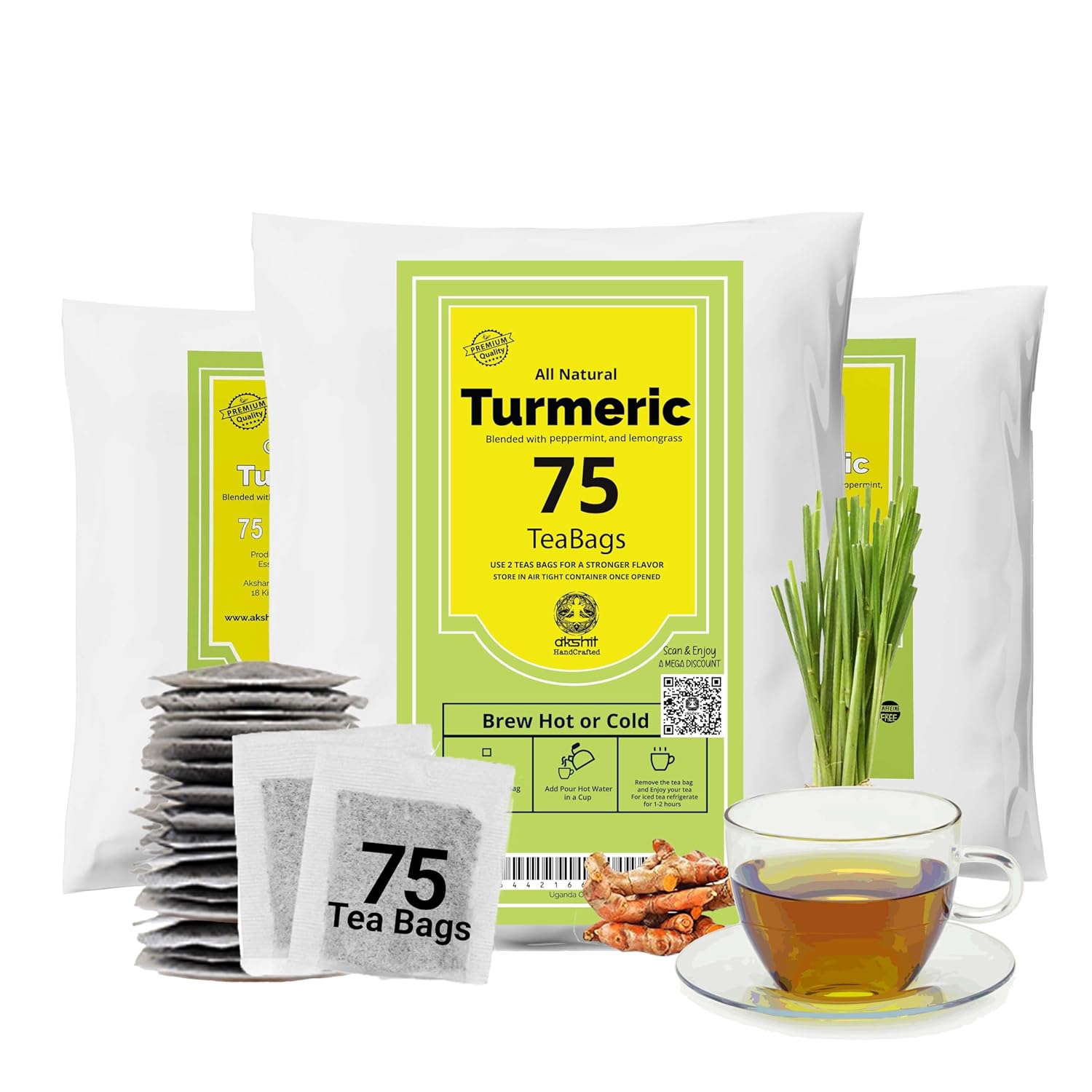 Akshit 75 Turmeric Tea Bags, Natural Tumeric Tea with Black Pepper, Turmeric Tea Blend, Te De Curcuma, Caffeine Free Herbal Tea, Non Gmo. Pack of 3