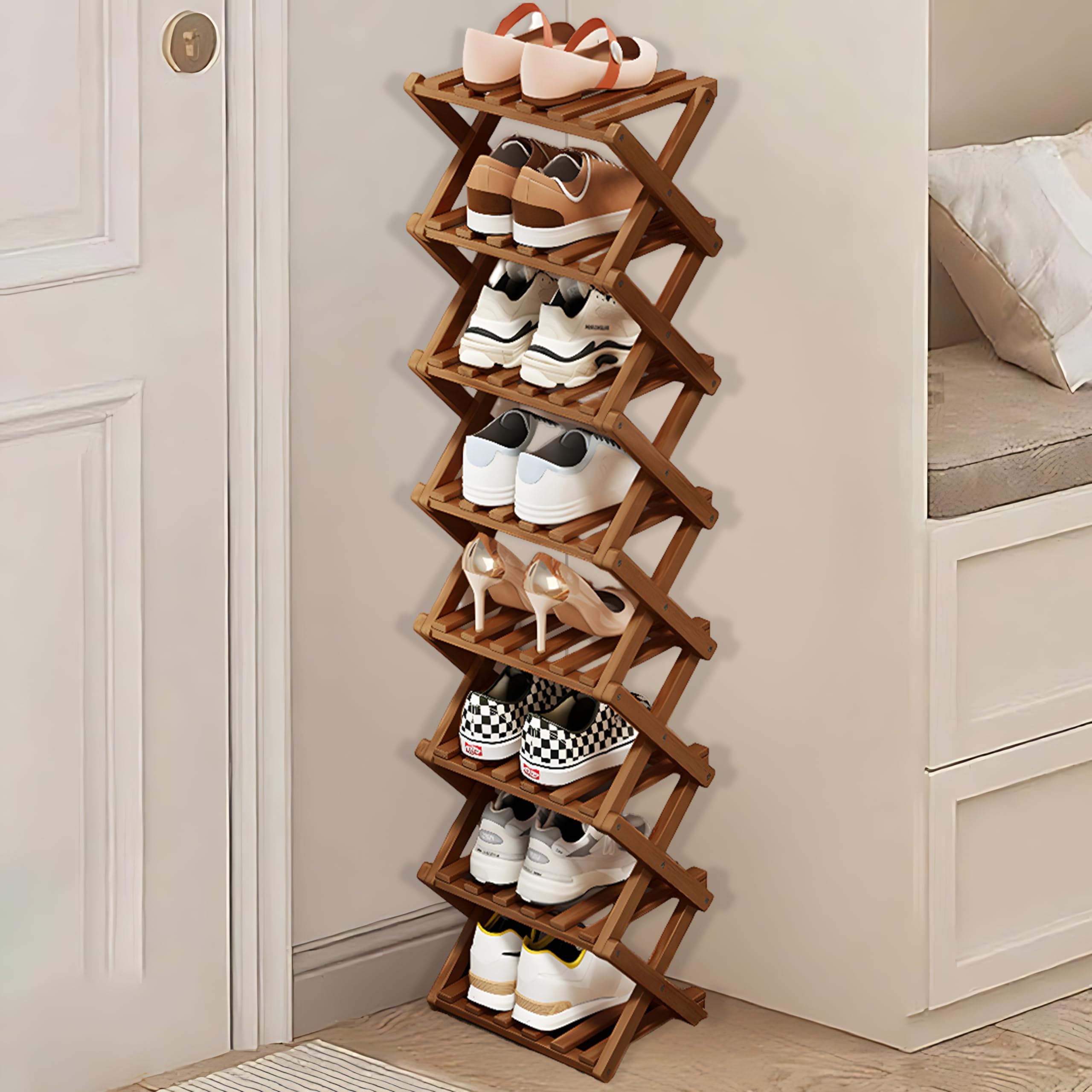 kiss me 8 Tier Bamboo Foldable Shoe Rack Small,Vertical Wooden Shoe Racks,Small Shoe Rack for Narrow Space Without Installation, Indoor for Hallway, Entryway,Corner,Bedroom (Brown-8 Tier)