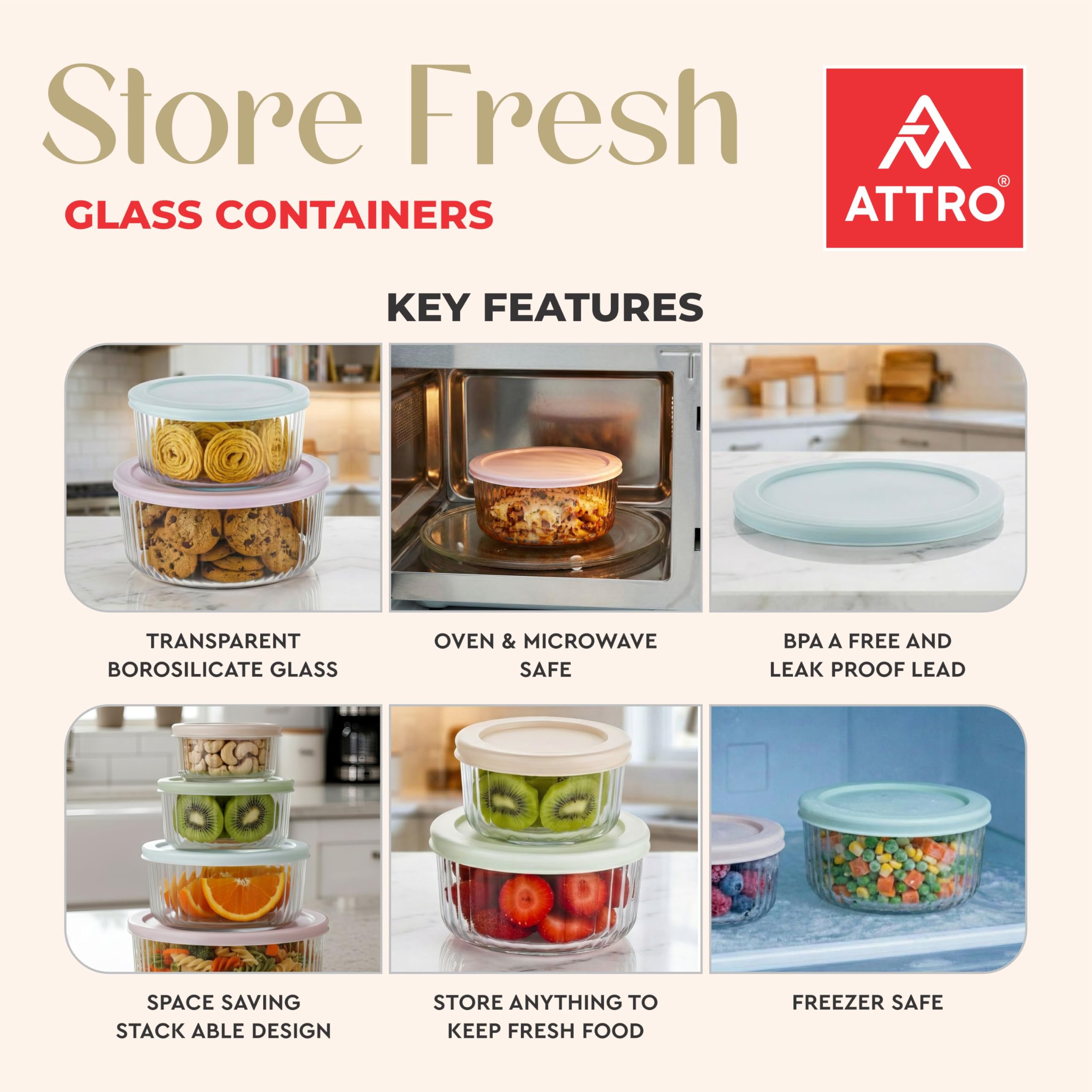 ATTRO Glassox Borosilicate Store Fresh Striped Finish Round Containers with Lids-Microwave,Oven, fridge,dishwasher safe. Transparent-set of 4 (250ml, 470ml, 950ml, 1650ml) elegant-Mix Pastel Colors — Amazon image 5