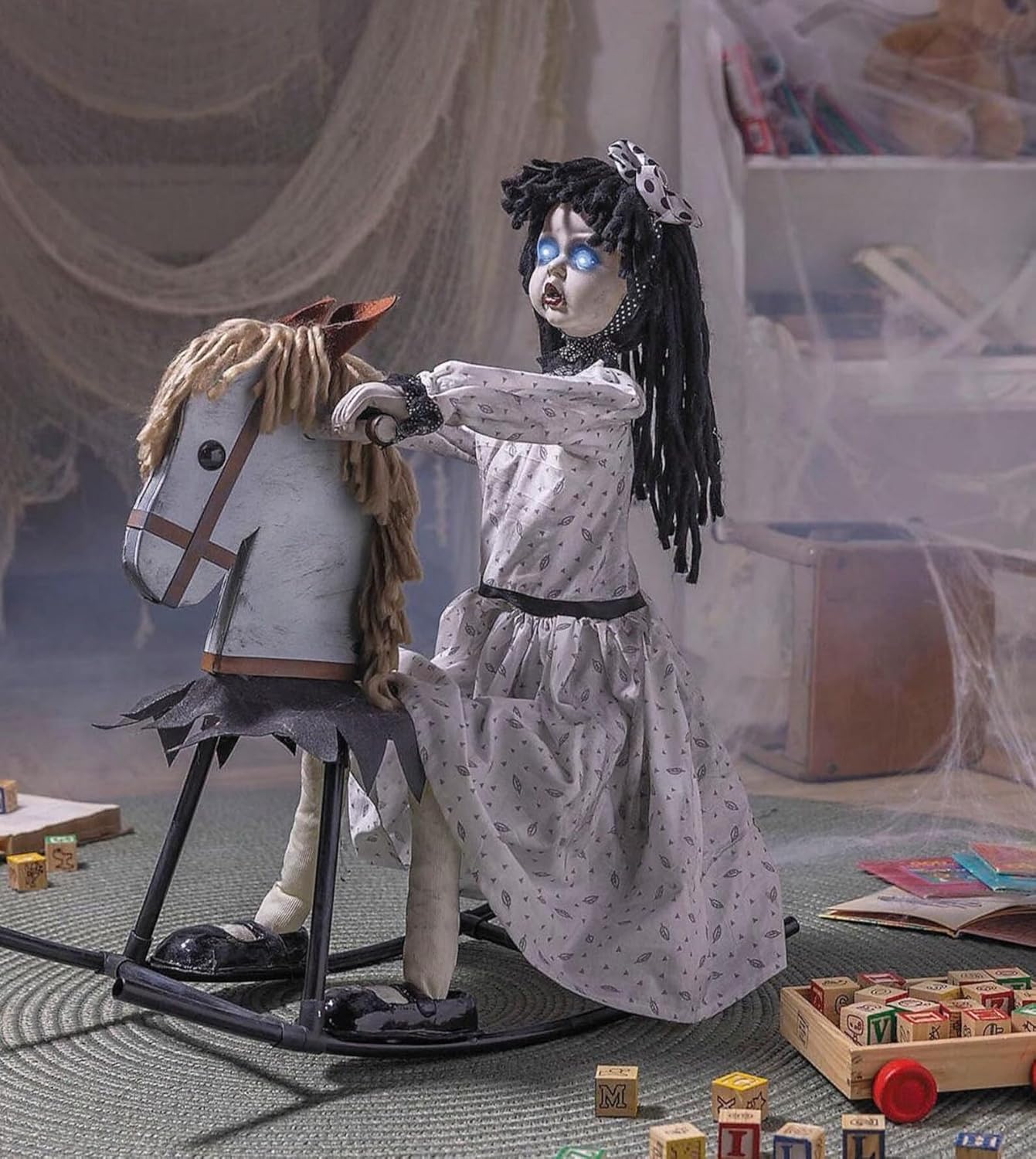 Halloween Animated 28 1/4" Girl on Wooden Rocking Horse Decoration Prop New