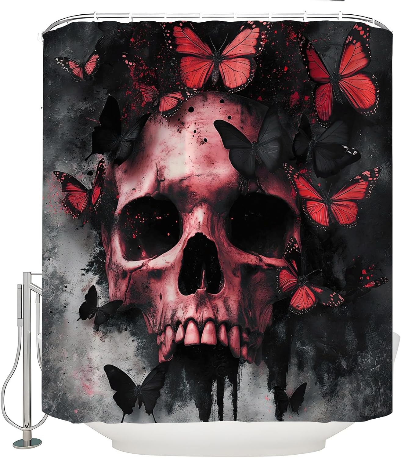 Skull Butterfly Shower Curtain Red Gothic Skeleton Halloween Vintage Spooky Gothic Black Horror Creepy Scary Dead Fabric Bath Curtain with Hook