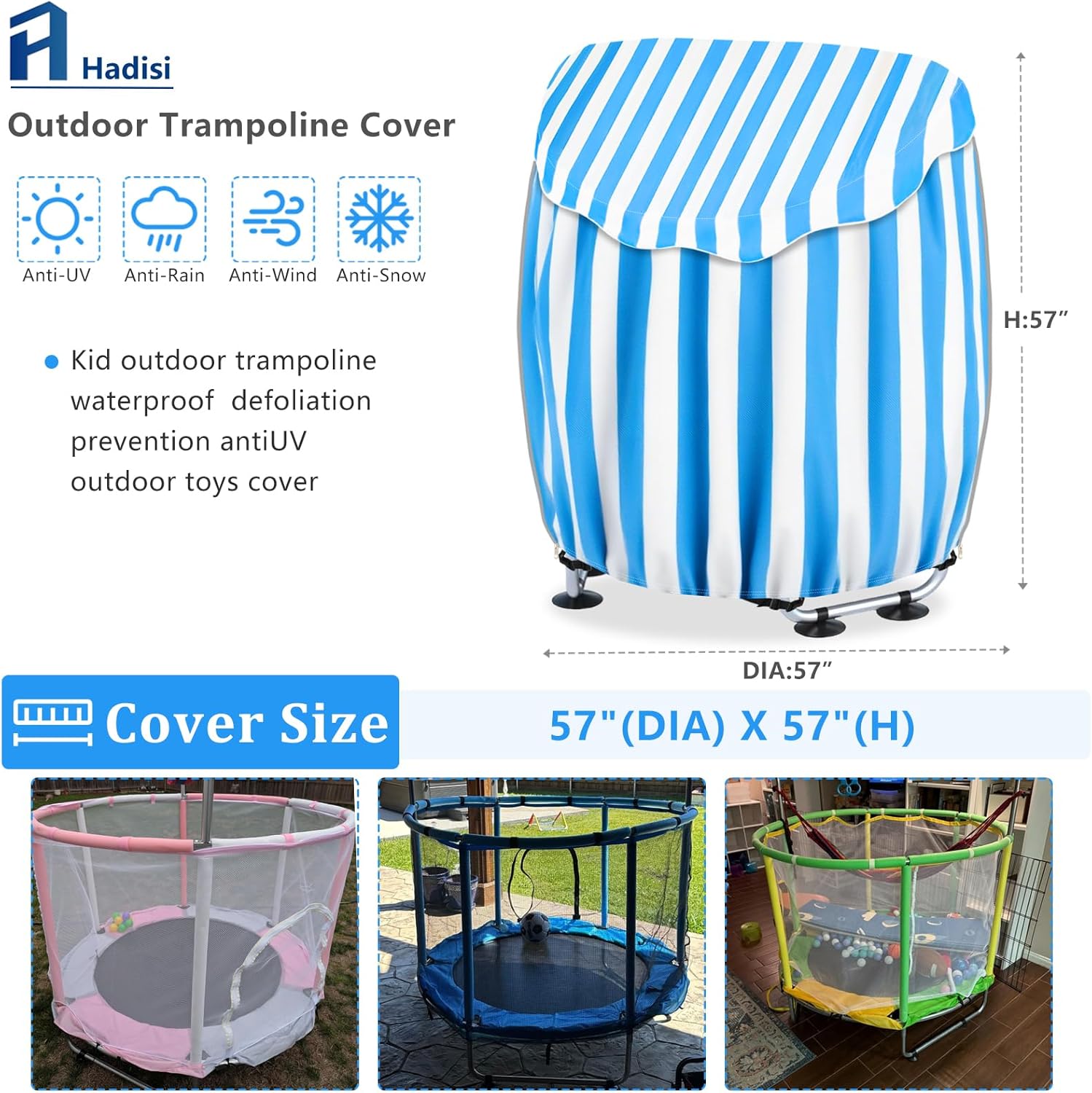 Outdoor Trampoline Covers,600D Heavy Duty Waterproof Kids Trampolines Cover,Suitable for Most 55” Circular Trampolines,Windproof Outdoor Toddler Trampoline Winter Protect Cover(Blue and white stripes)