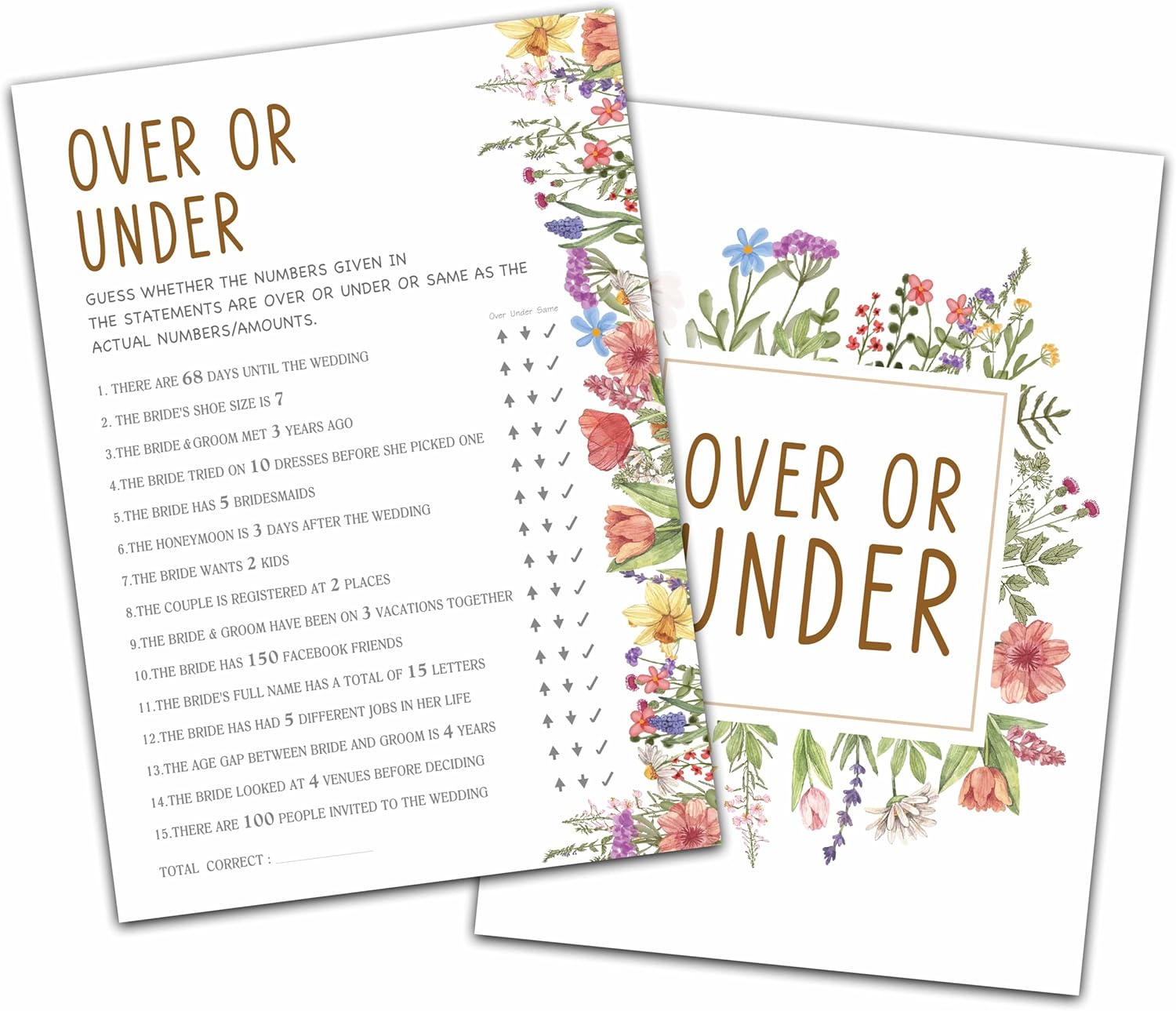 Wildflowers Wedding Shower Games, Over Or Under Bridal Shower Games Cards, Spring Flowers Wedding Bachelorette Party Game Ideas, Engagement Party Supplies & Activity, Set of 30 Cards -A02